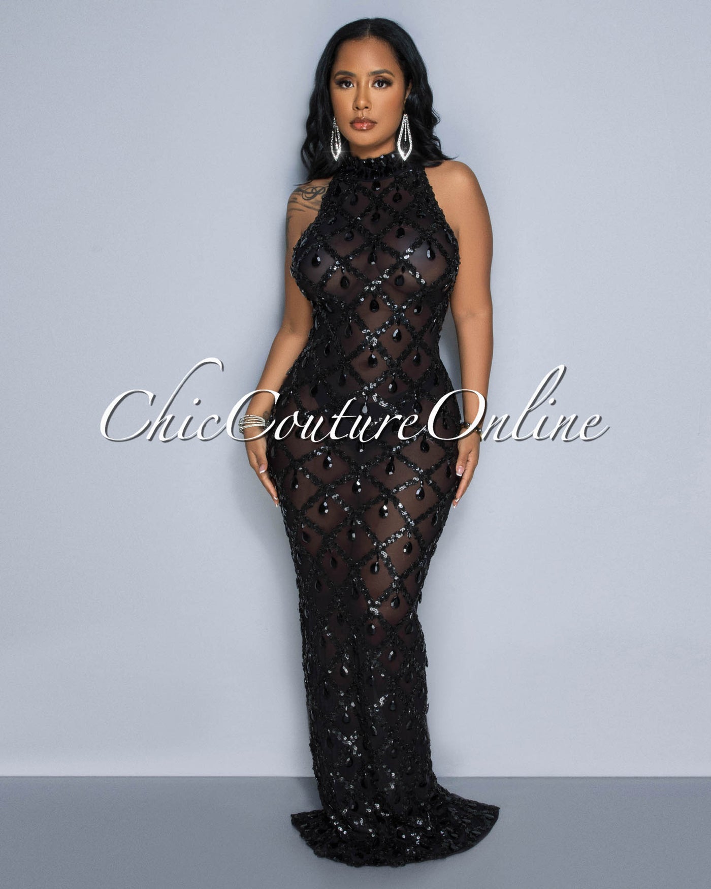 Carolynn Black Sequins & Rhinestones Mesh Gown