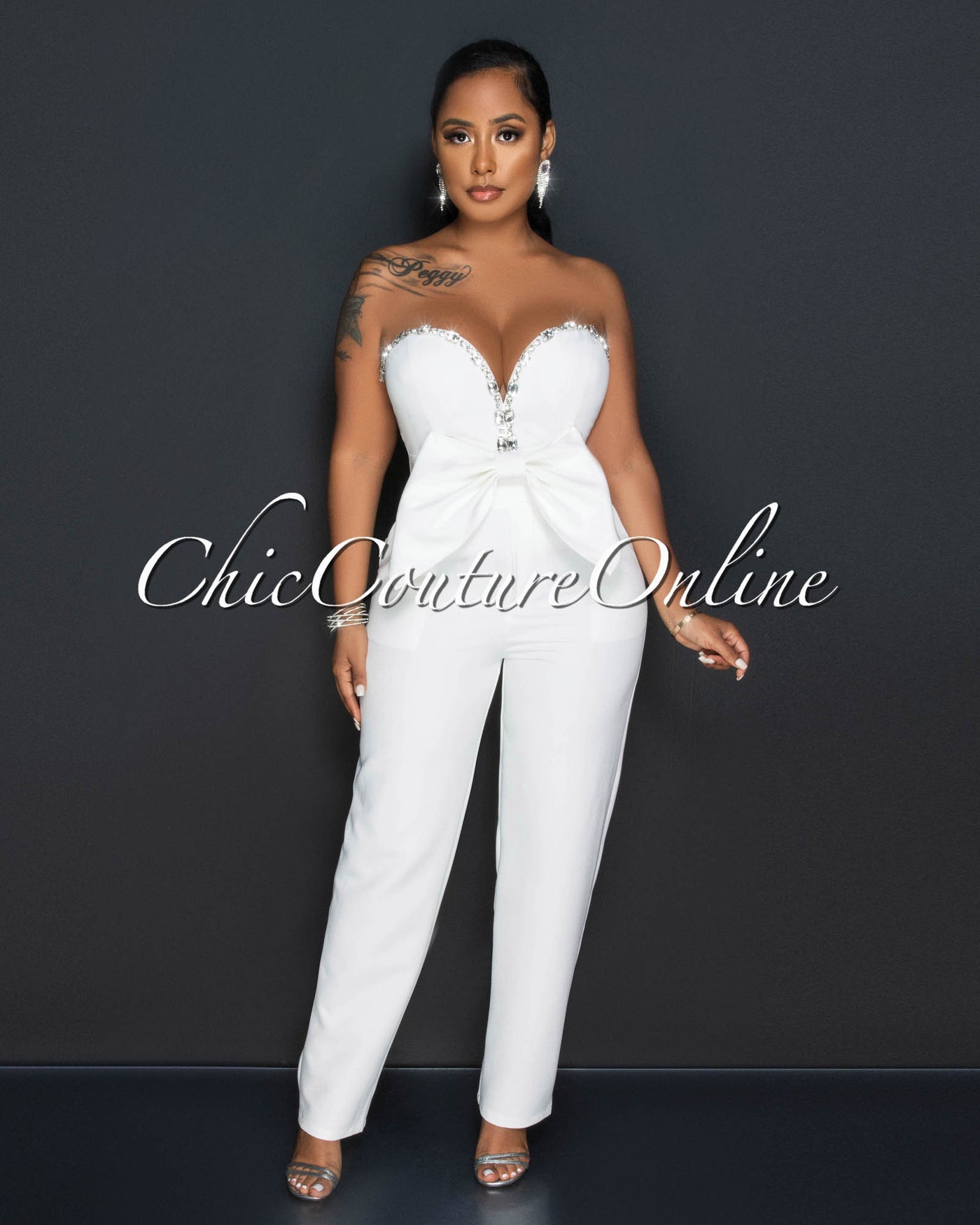 Falcon Off-White Rhinestones Bow Crop Top & Pleated Pants Set