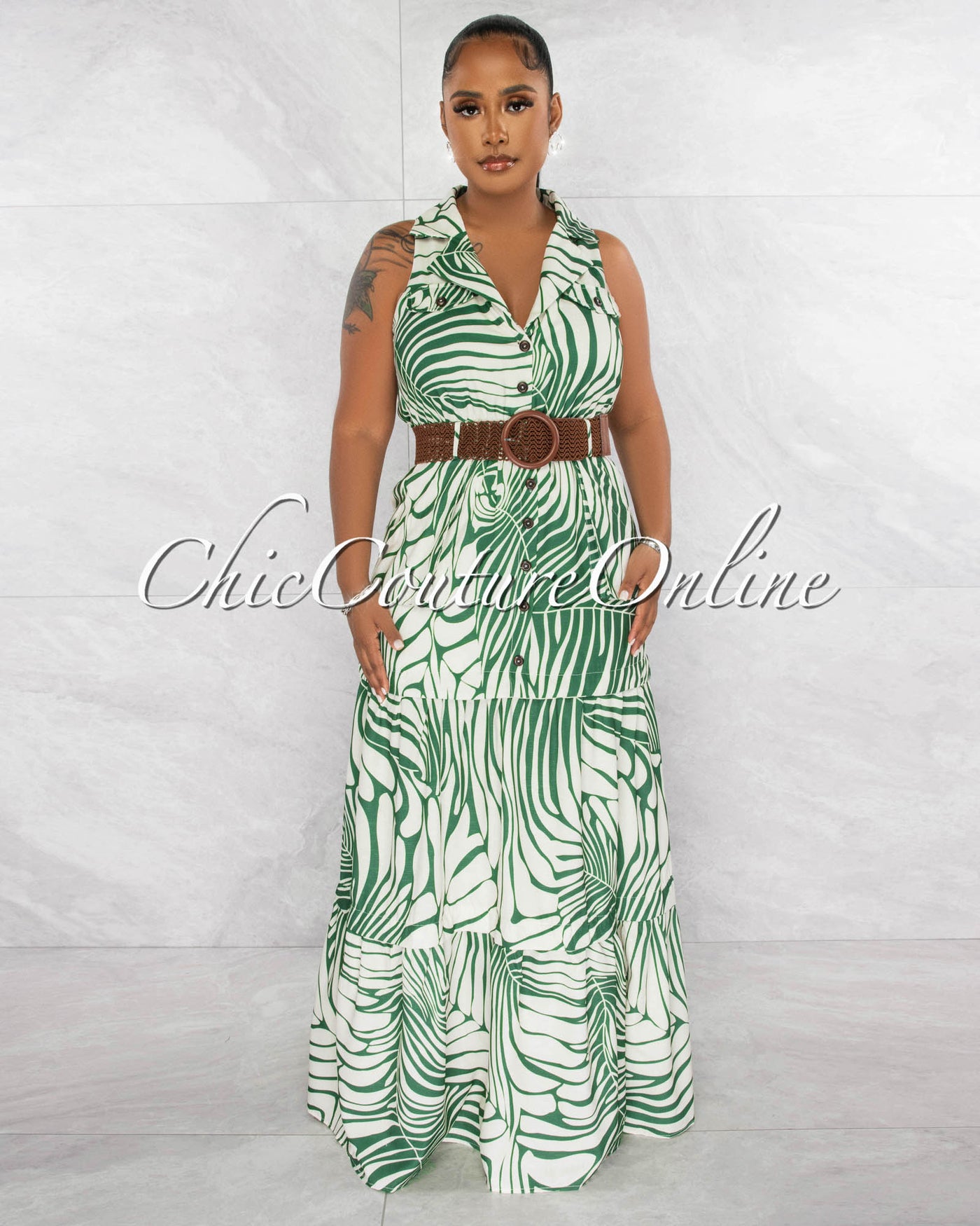 *Bogan Green Ivory Print Brown Belt Maxi Dress