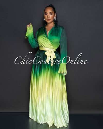 *Ziona Green Ombre Crop Top & Pleated Pants Silky Set