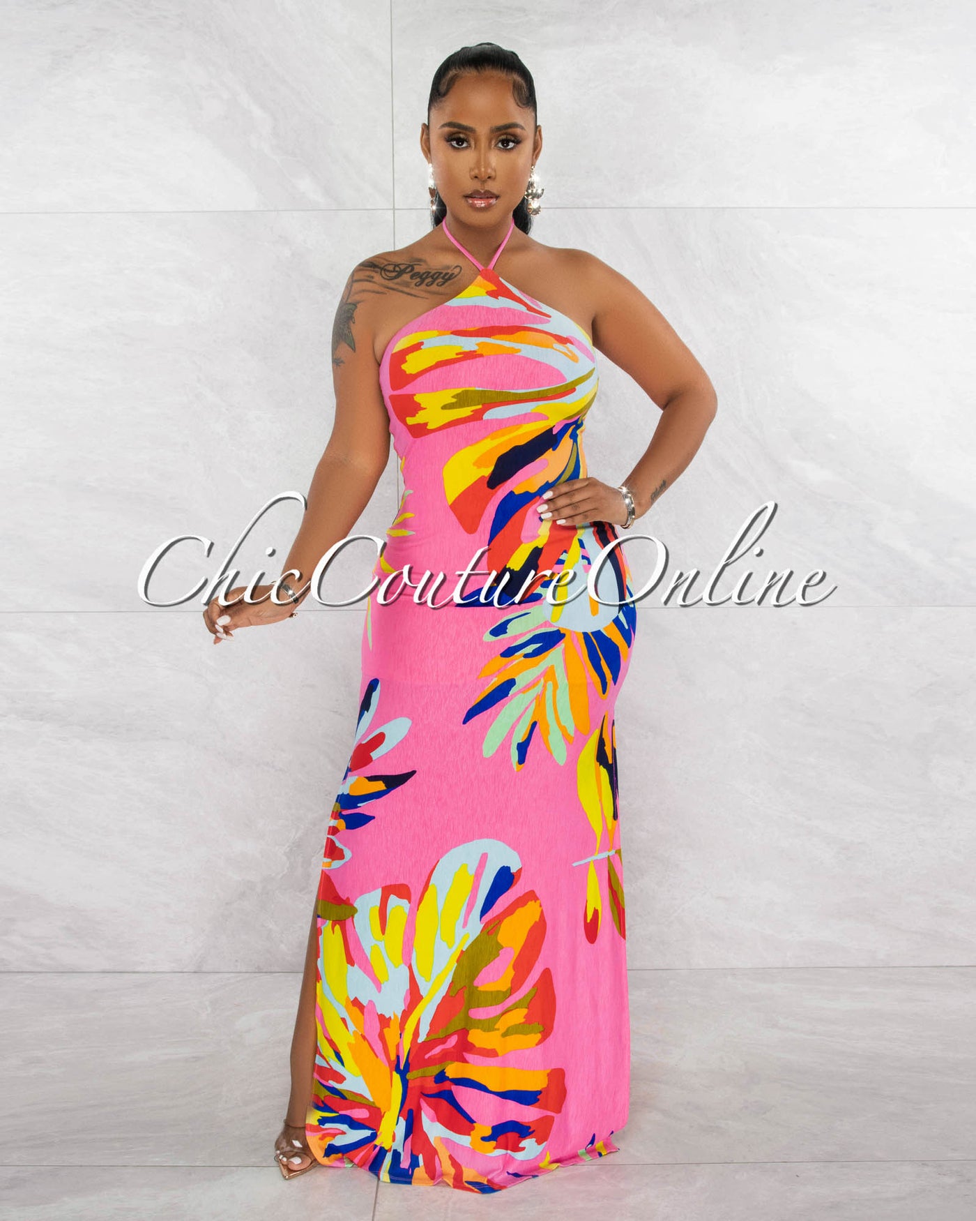 Geder Pink Mulit-Color Print Open Strappy Back Maxi Dress