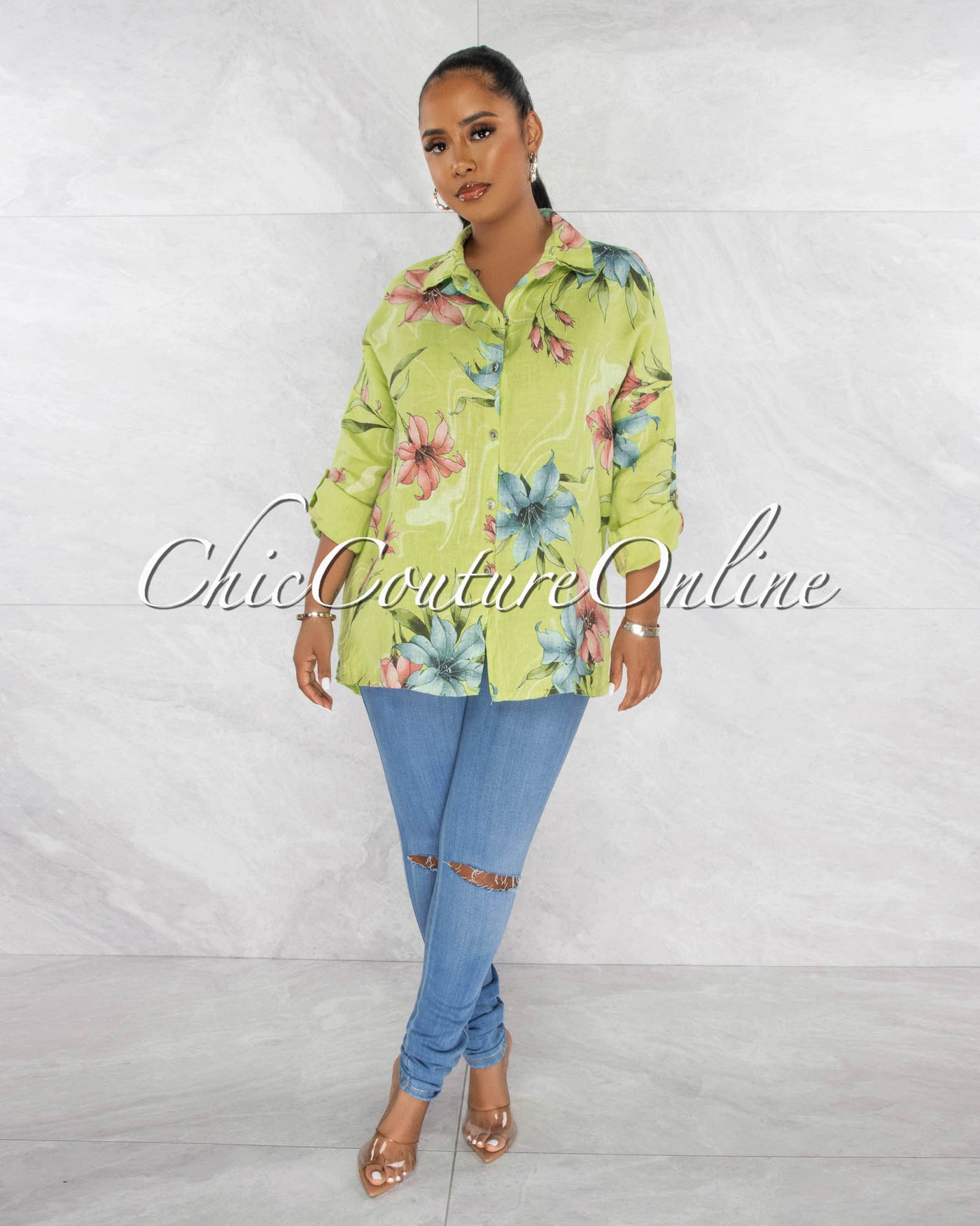 *Redia Green Floral Print Over-Sized Linen Shirt