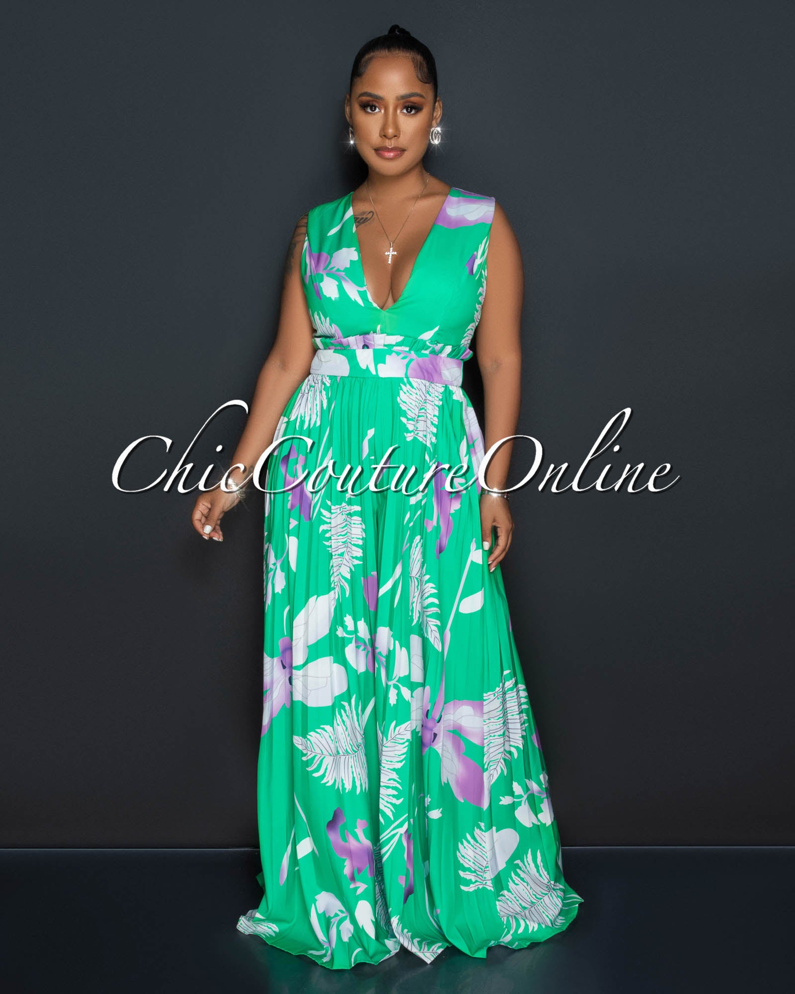 Prisca Green Lilac Print V-Neck Pleated Jumpsuit