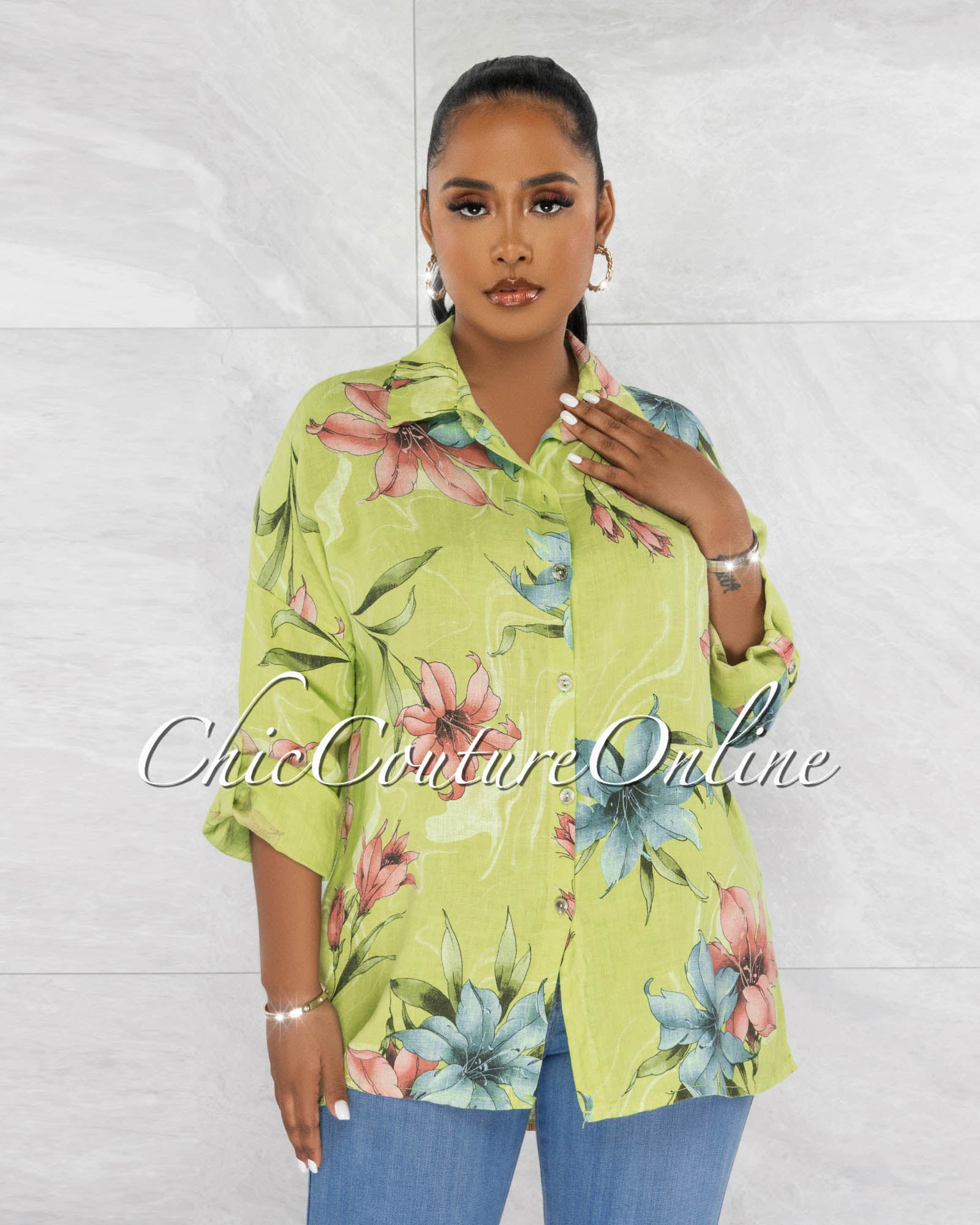 Redia Floral Print Over-Sized Linen Shirt