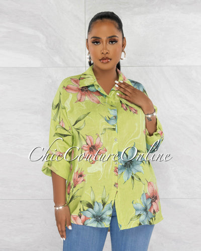 *Redia Green Floral Print Over-Sized Linen Shirt