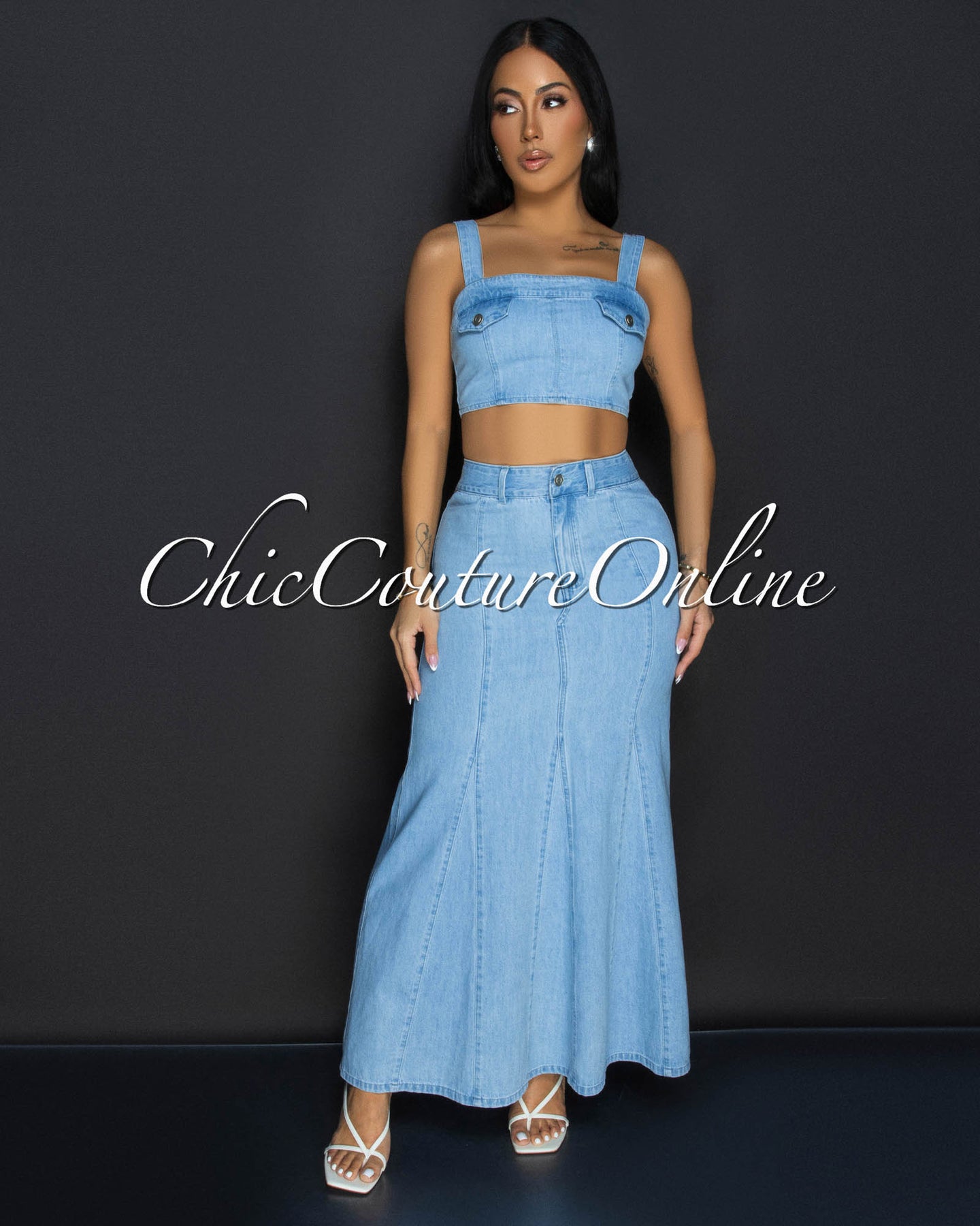 *Zeya Light Denim Crop Top & Maxi Skirt Set