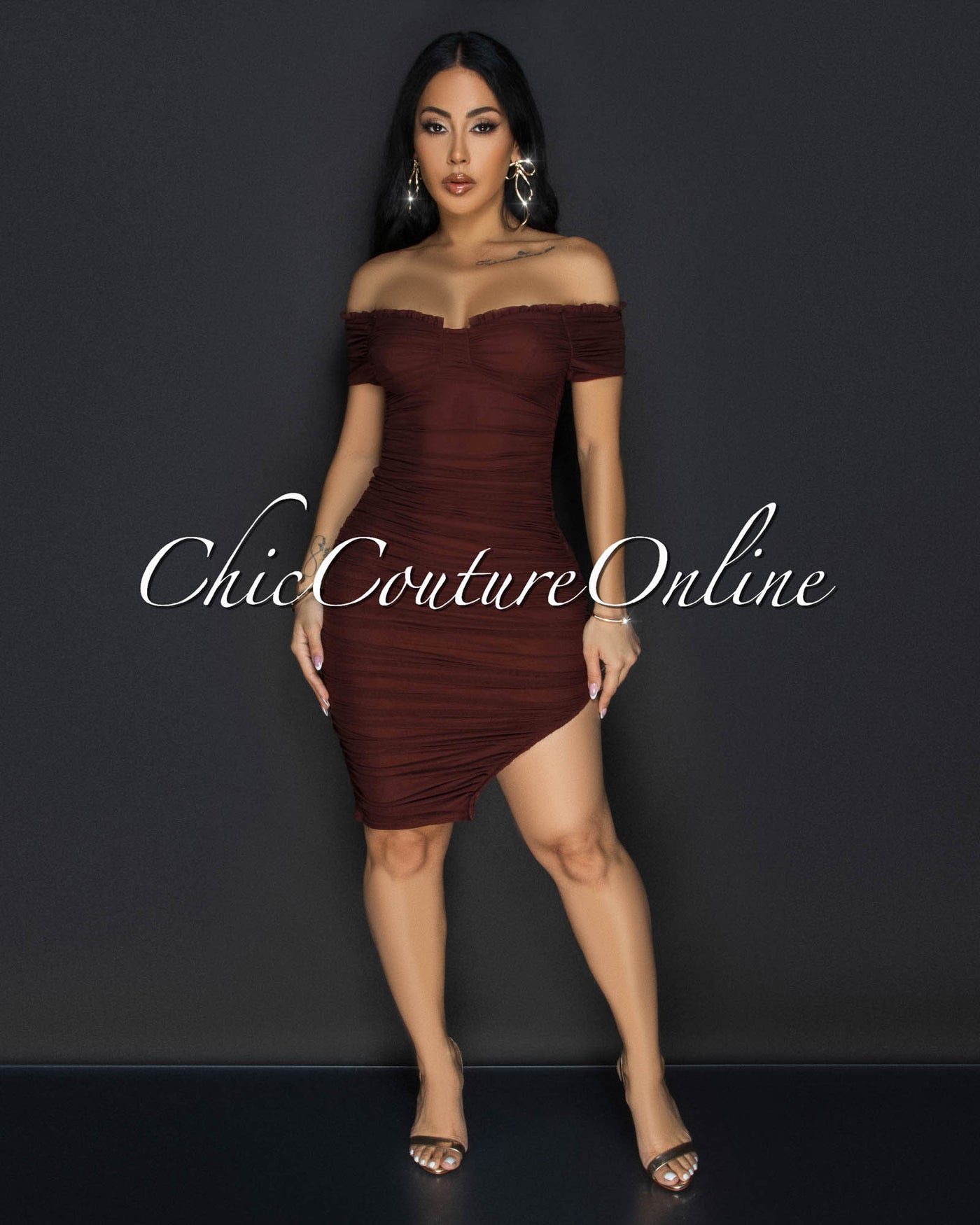 Linna Brown Ruched Off-The Shoulder Dress