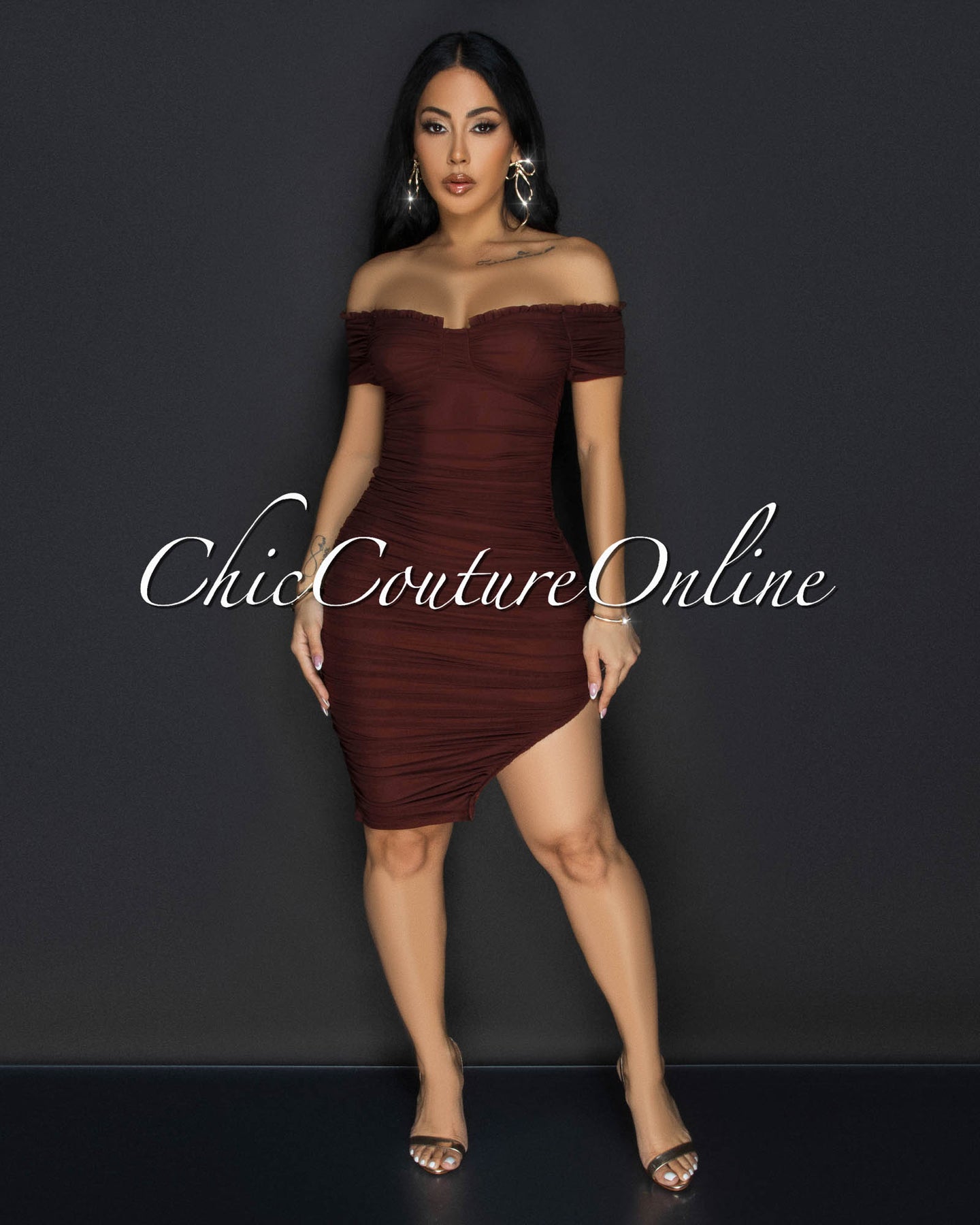 *Linna Brown Ruched Off-The Shoulder Dress