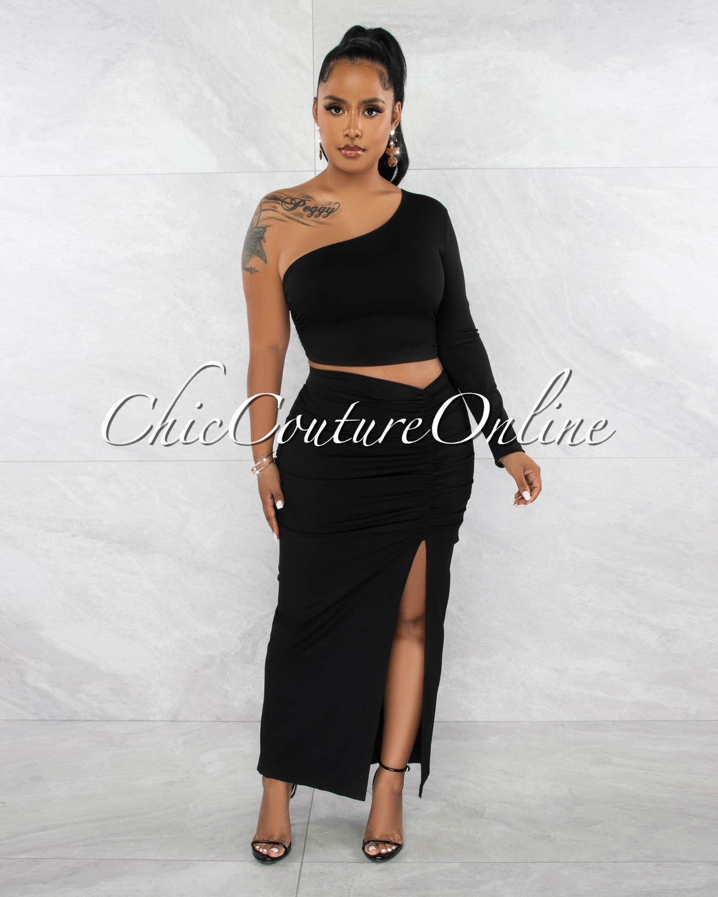 Kranie Black Single Shoulder Crop Top & Ruched Maxi Skirt Set