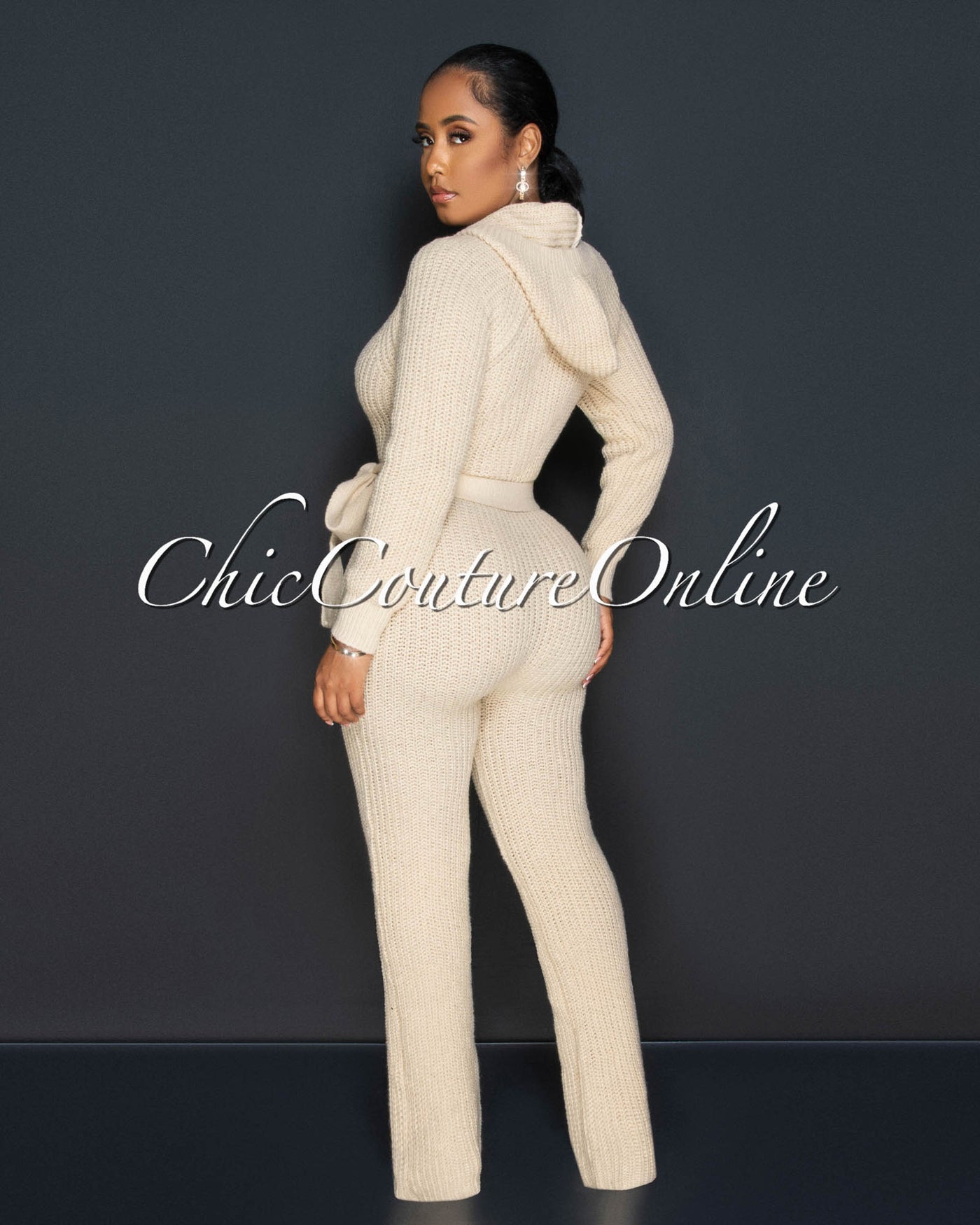 Lidya Nude Cable Knit Hoodie Jumpsuit