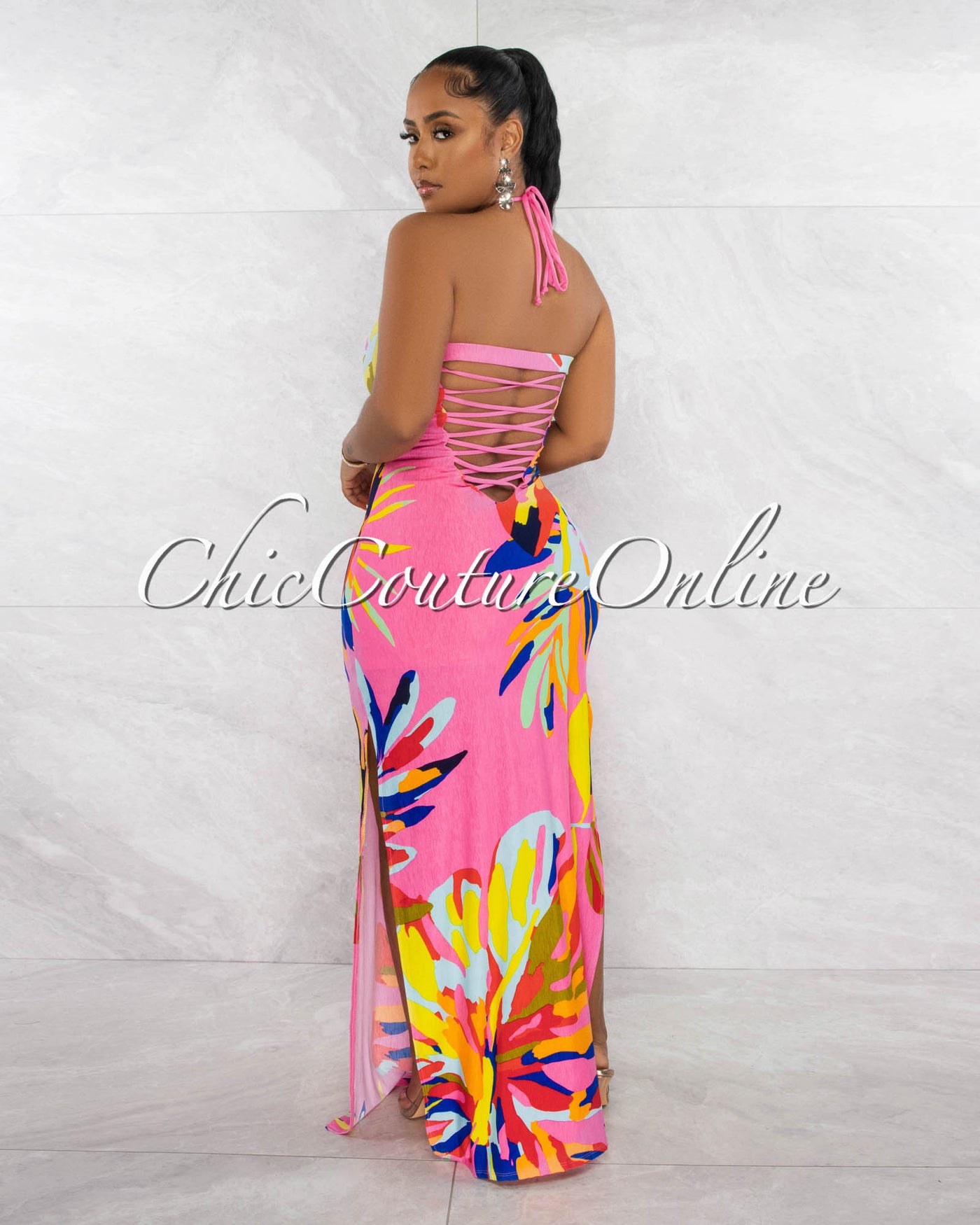 *Geder Pink Mulit-Color Print Open Strappy Back Maxi Dress