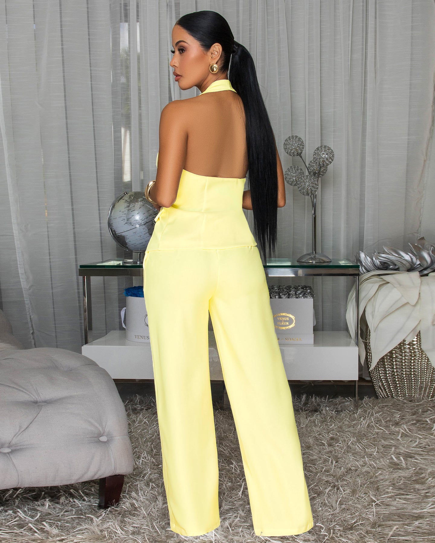 Amber Butter Yellow Single Gold Button Top & Pants Set
