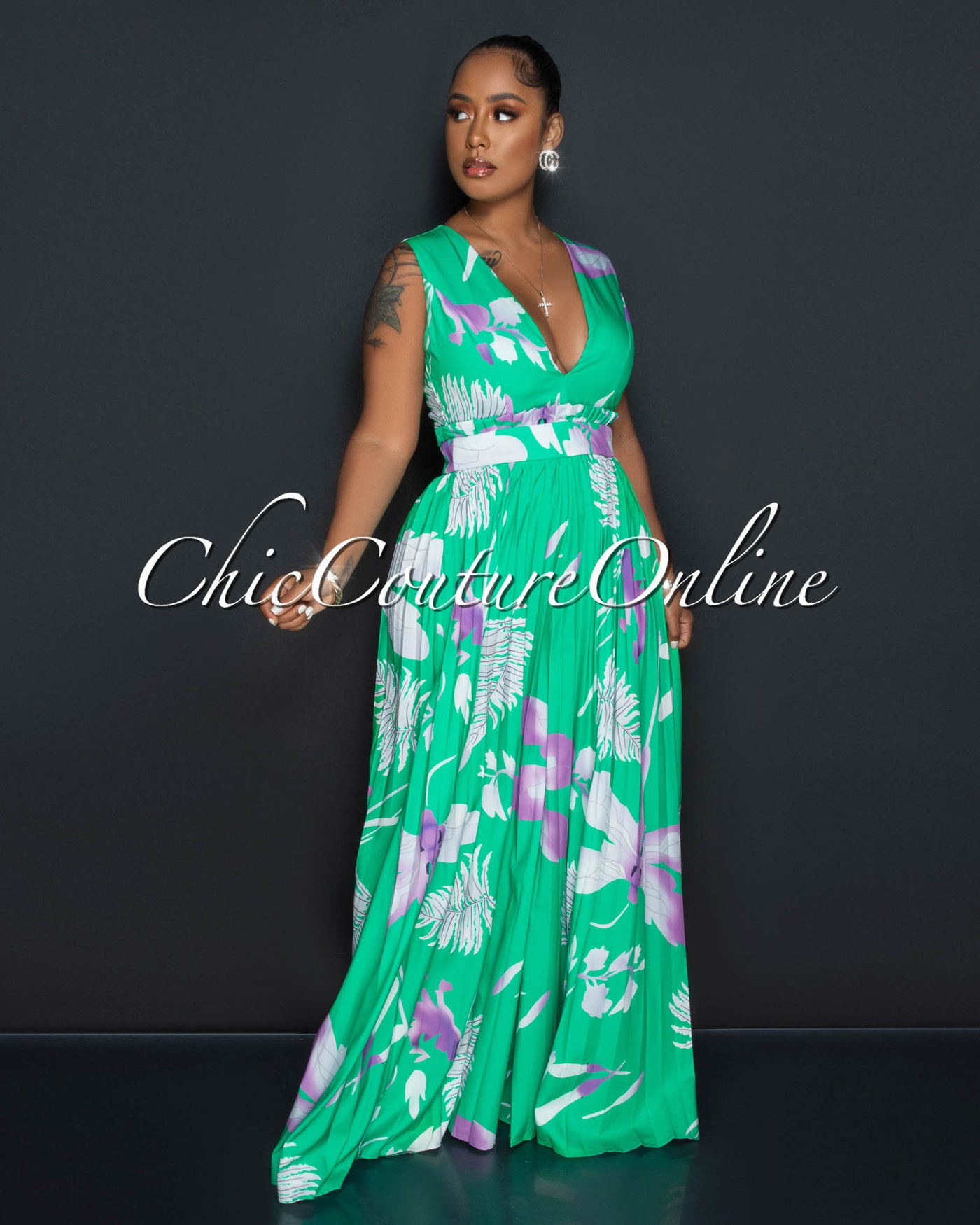 Prisca Green Lilac Print V-Neck Pleated Jumpsuit