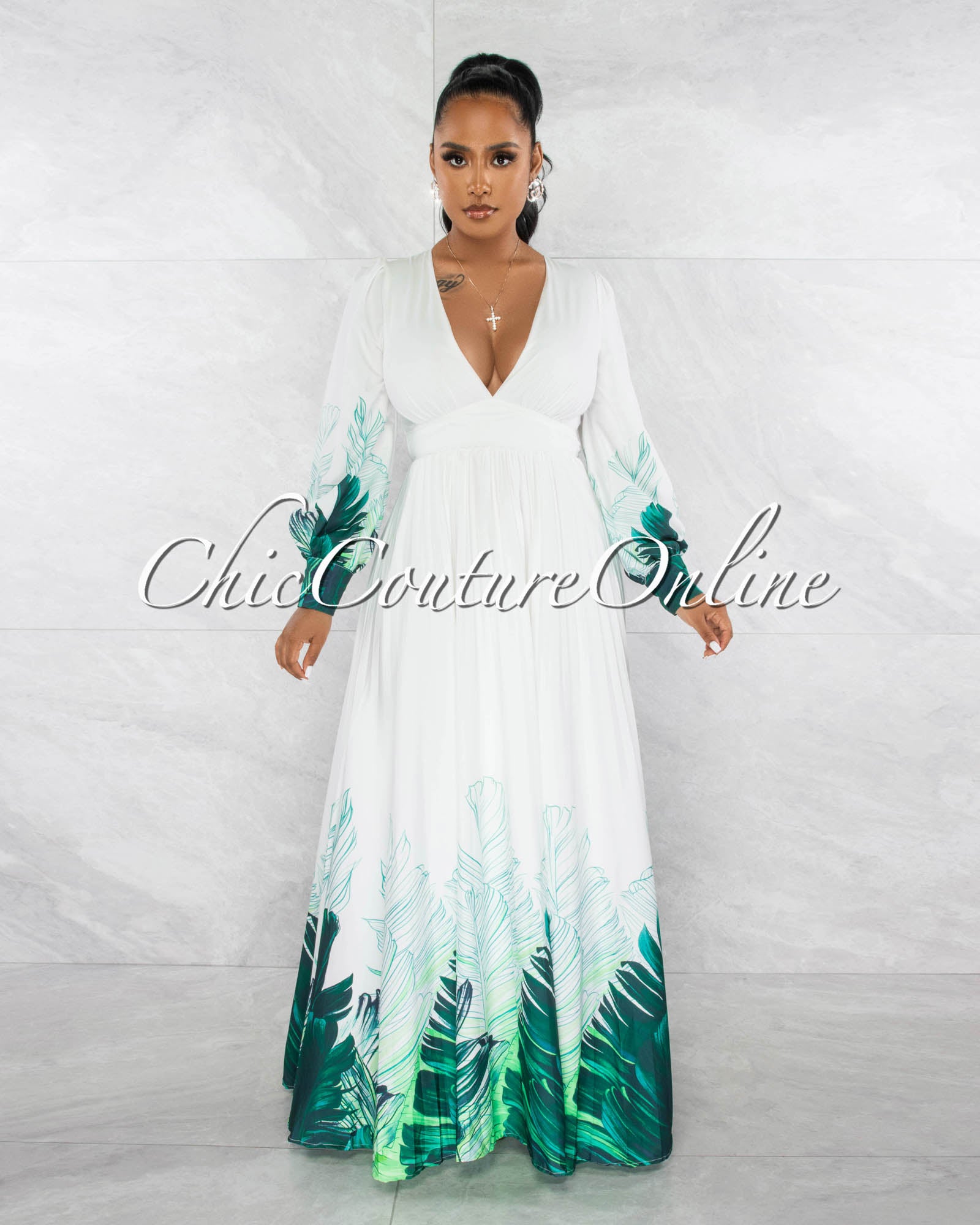 Mireya Leaf Print Pleated Maxi Dress