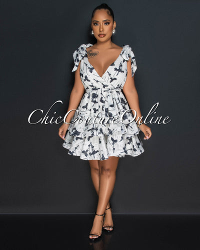 Loleen Ivory Black Cream Print Textured Ruffle Skater Dress