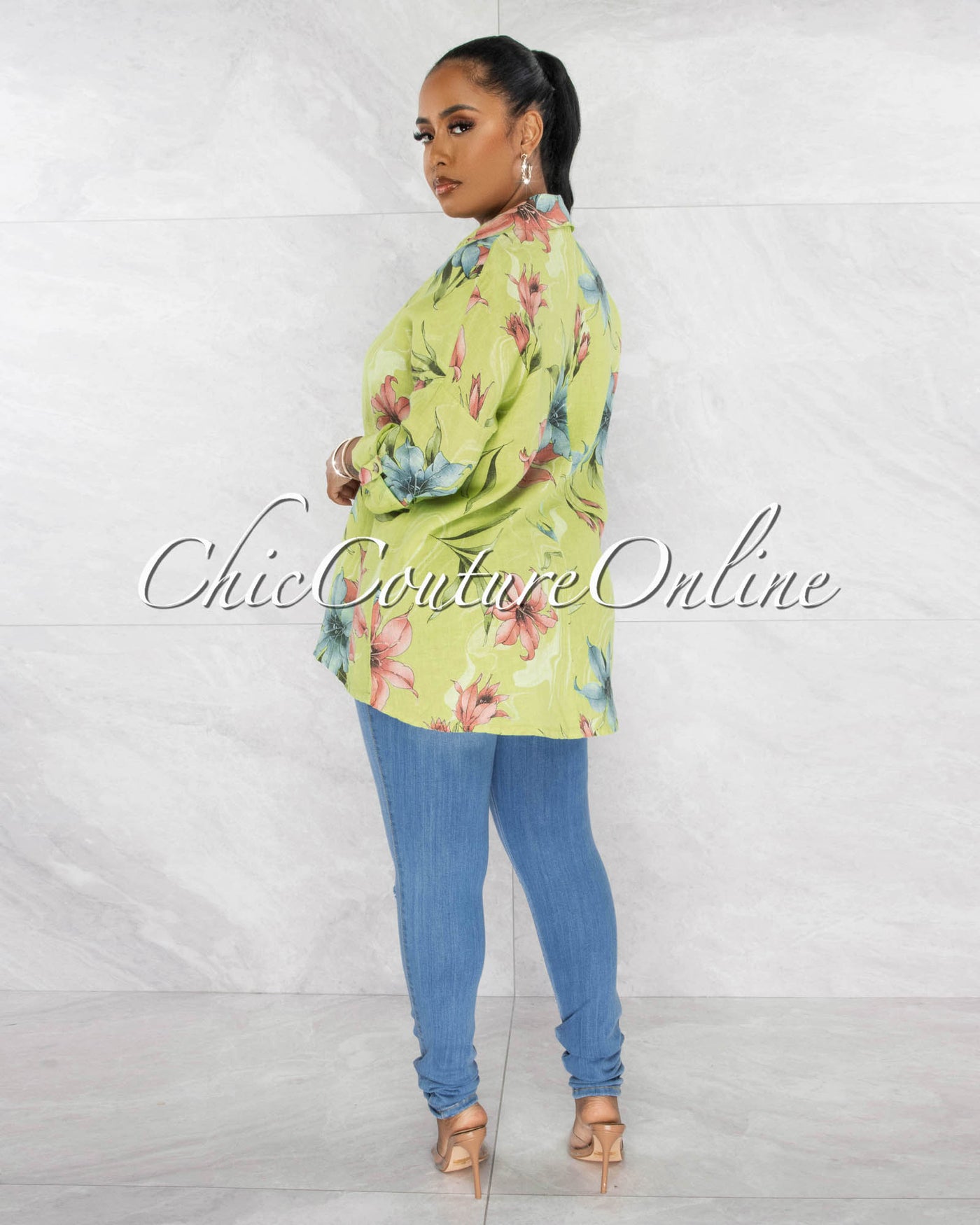 *Redia Green Floral Print Over-Sized Linen Shirt