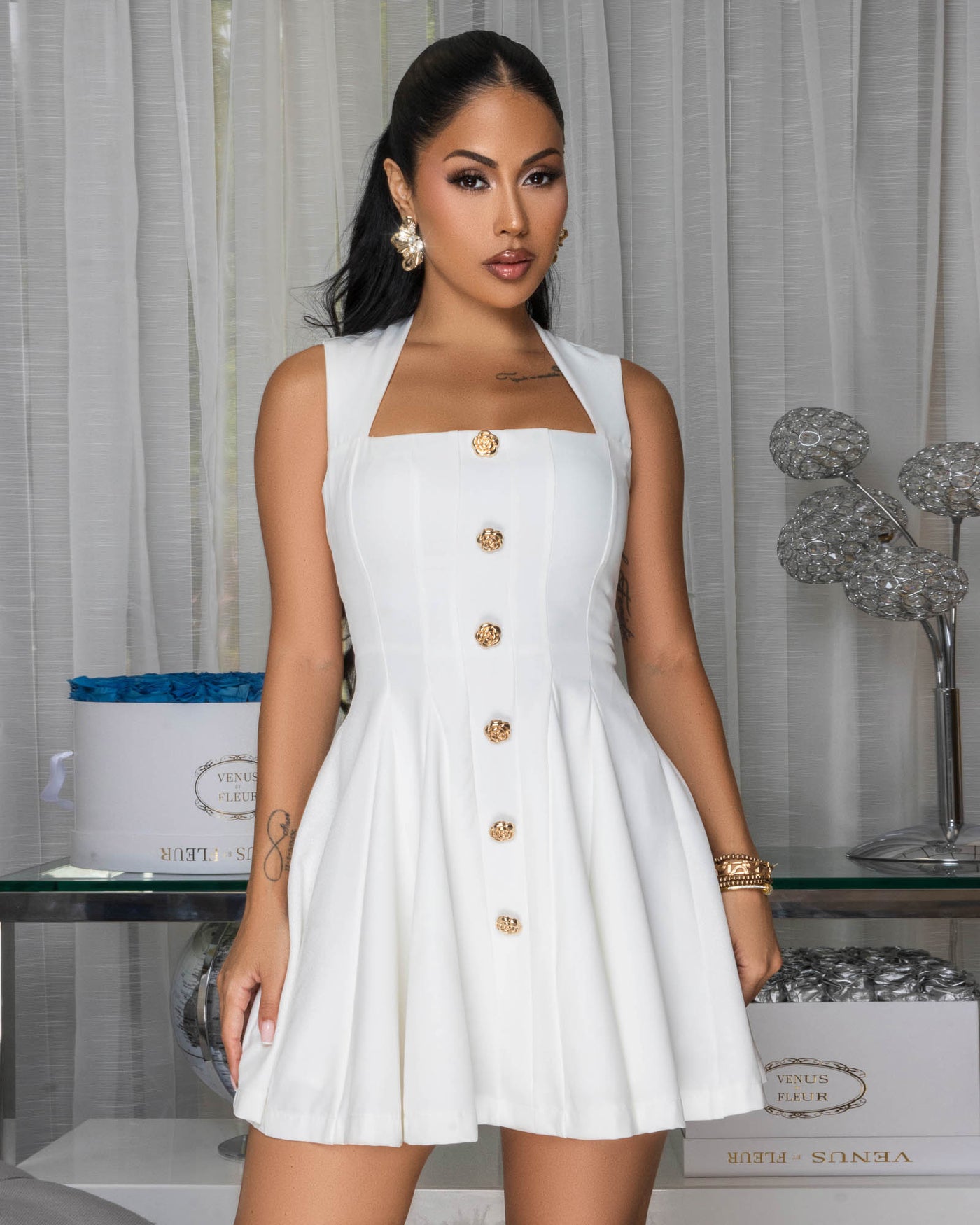 Miris White Gold Button Skater Dress