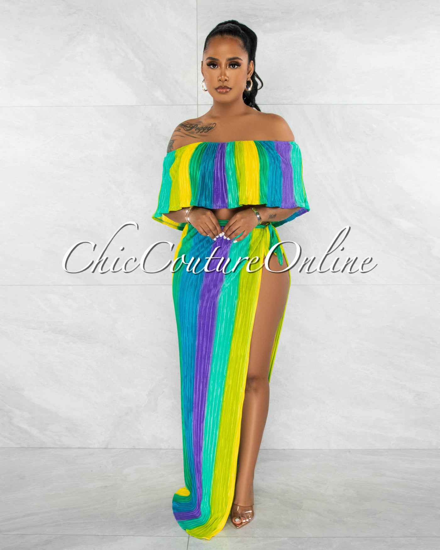 *Kesha Purple Lime Ruffle  Top & Maxi Slit Skirt Ribbed Set