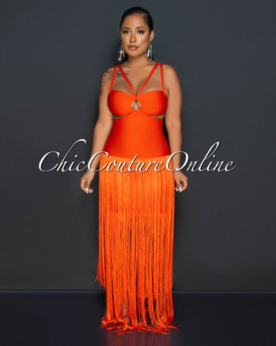 Evelyn Orange Cut-Out Fringe Hem Bandage Dress