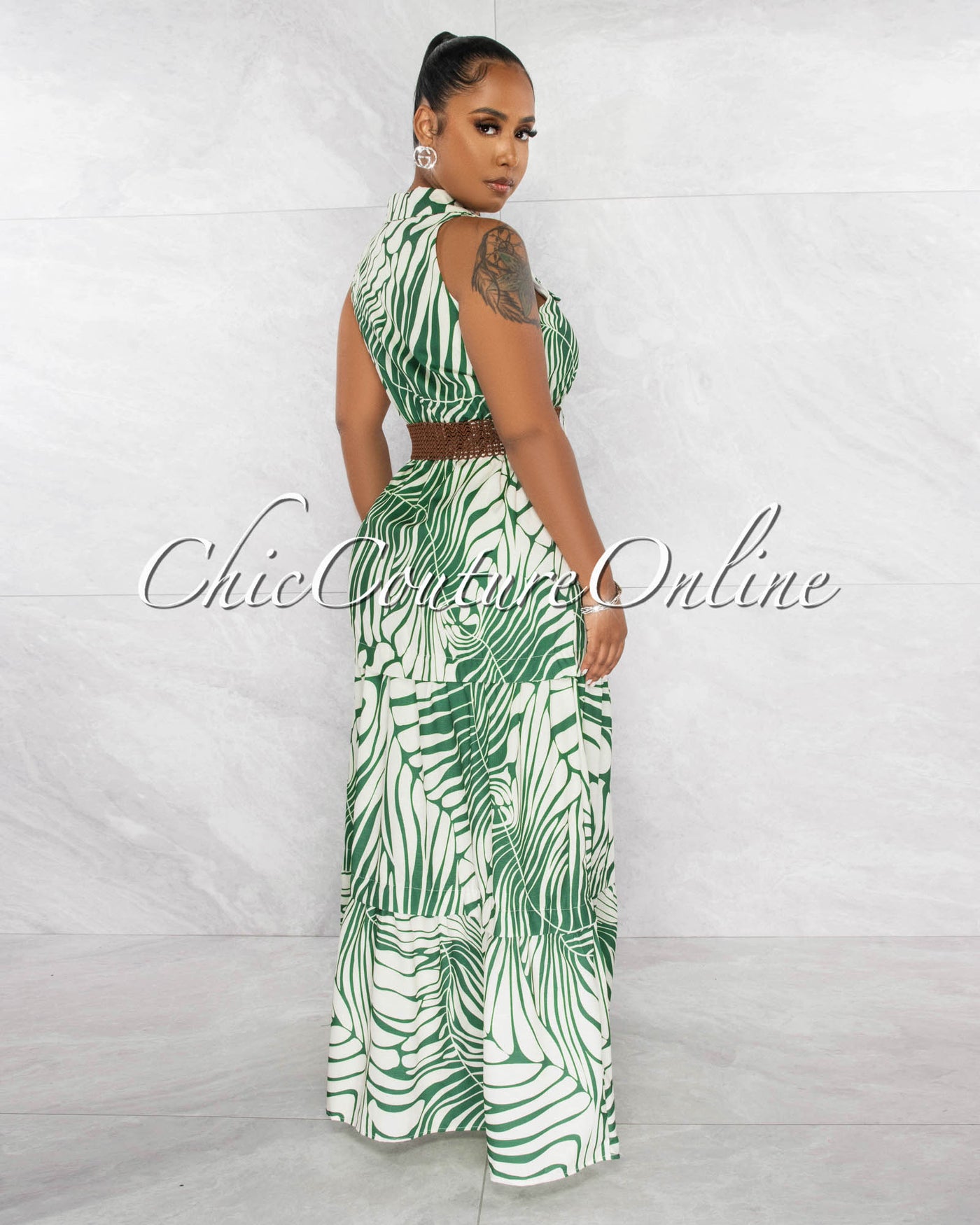 *Bogan Green Ivory Print Brown Belt Maxi Dress