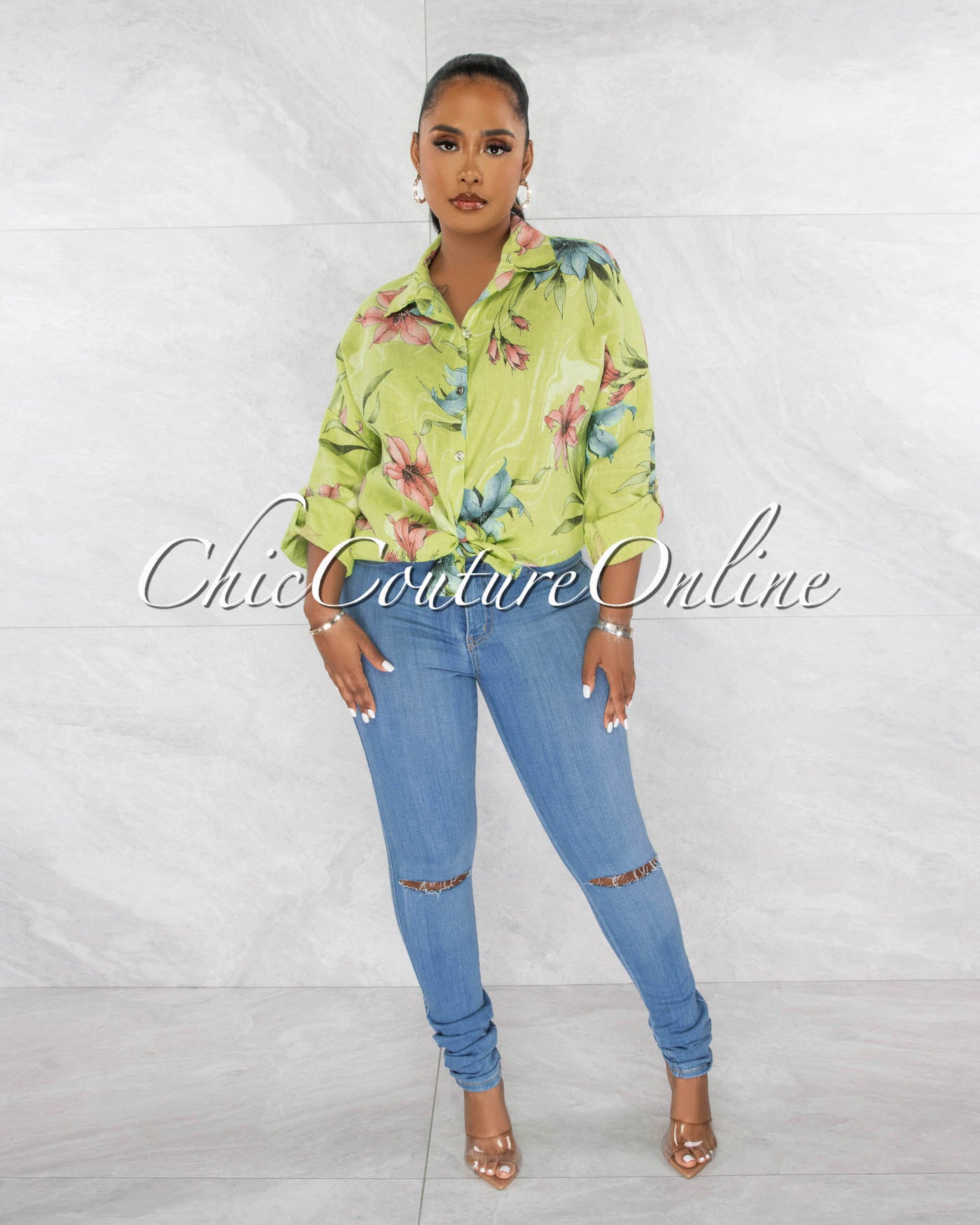 *Redia Green Floral Print Over-Sized Linen Shirt