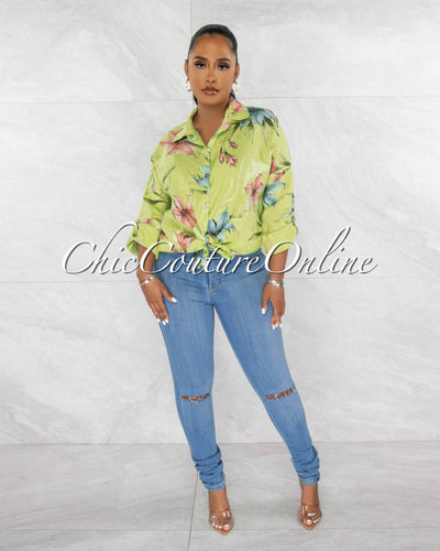 *Redia Green Floral Print Over-Sized Linen Shirt