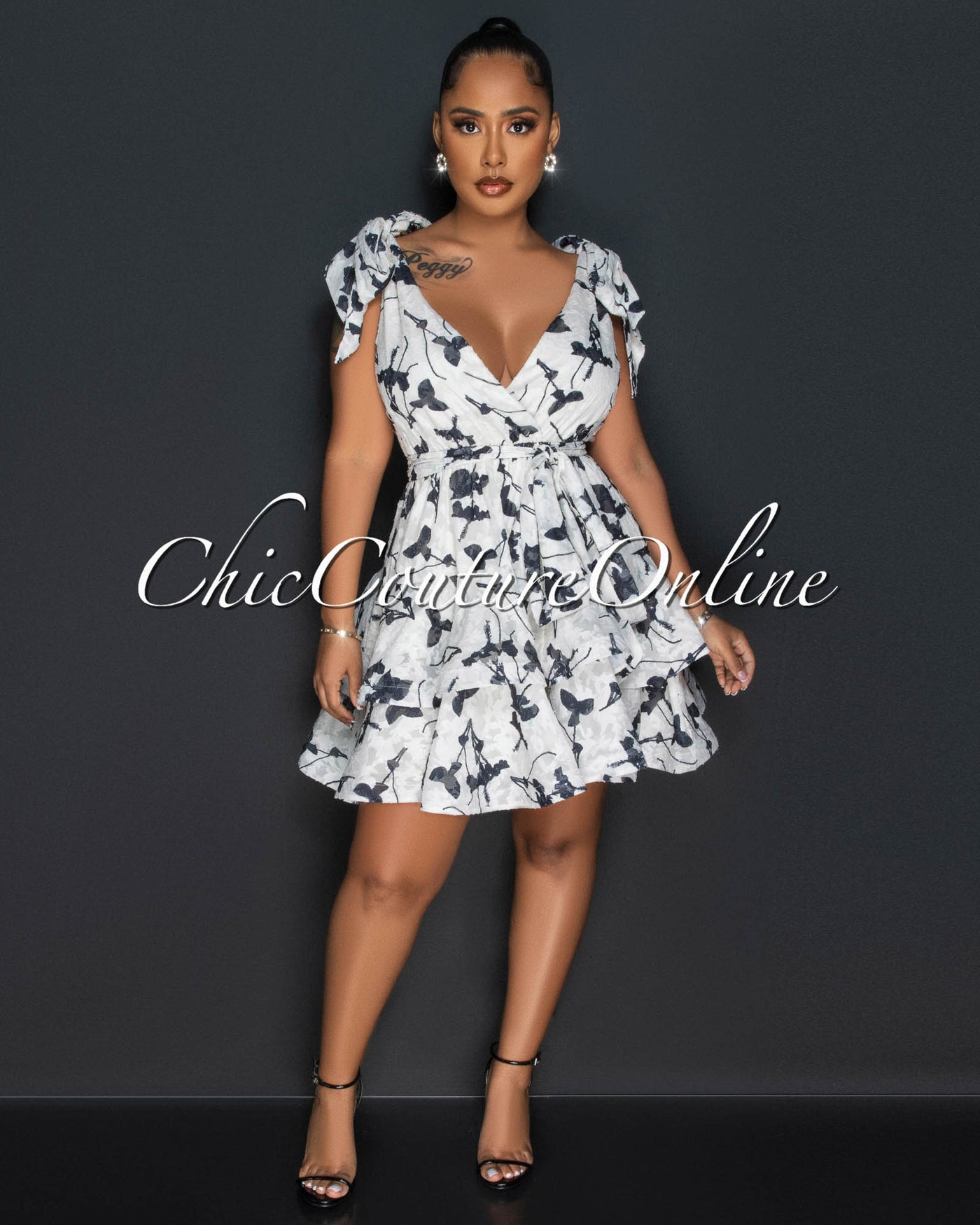 Loleen Ivory Black Cream Print Textured Ruffle Skater Dress