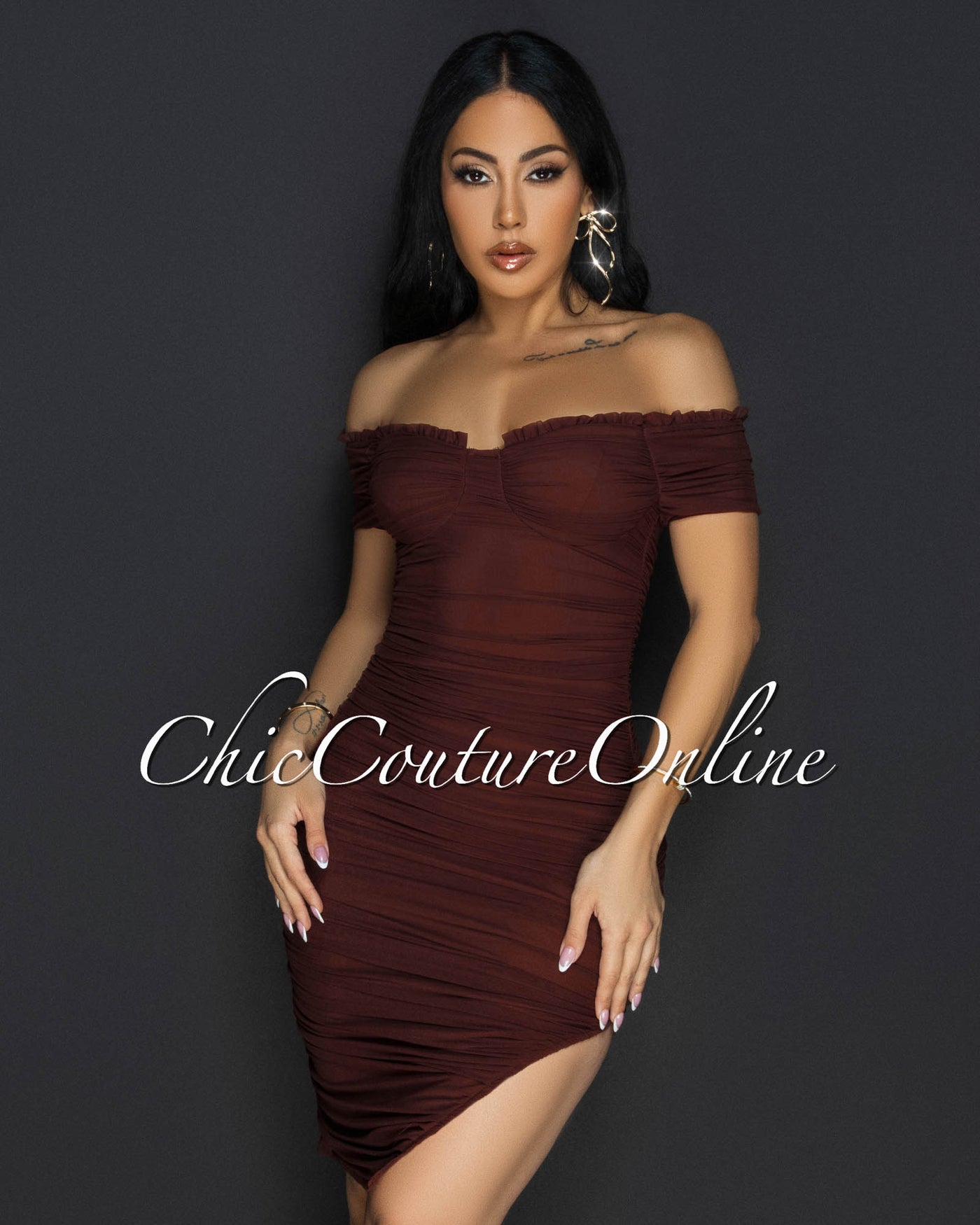 Linna Brown Ruched Off-The Shoulder Dress