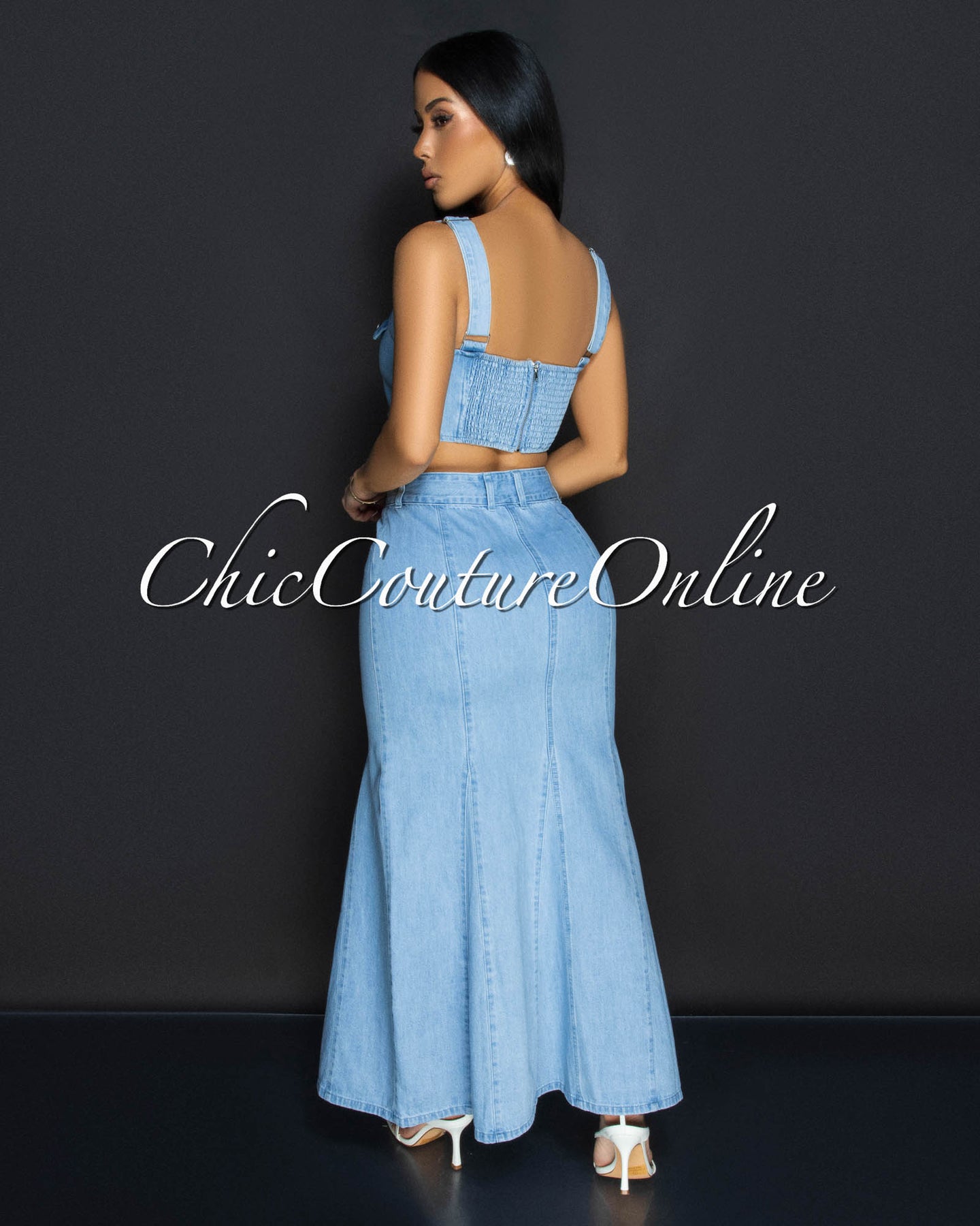 *Zeya Light Denim Crop Top & Maxi Skirt Set
