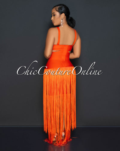 Evelyn Orange Cut-Out Fringe Hem Bandage Dress