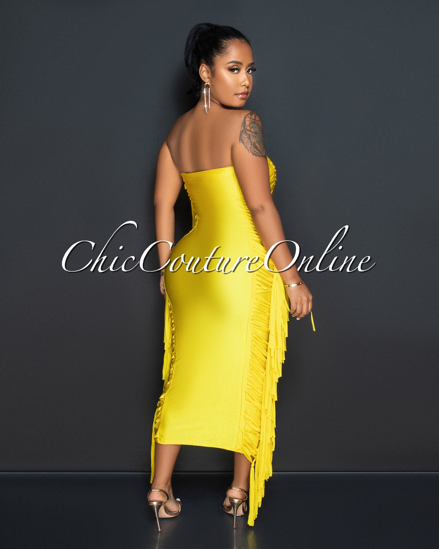 Natisha Yellow Tassels Sided Tube Maxi Dress