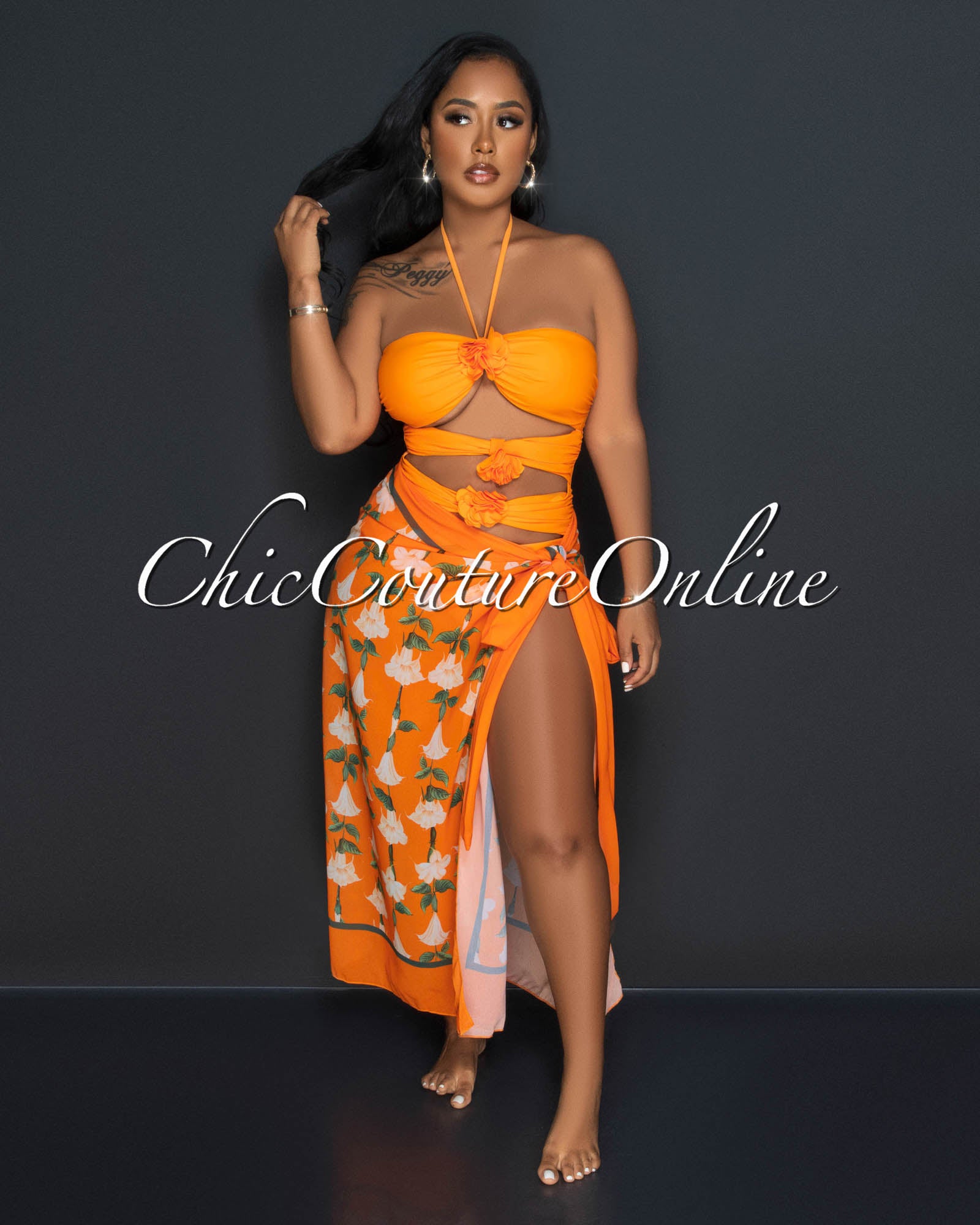 *Shea Orange Flower Cut-Out Swimsuit & Cover Up Set