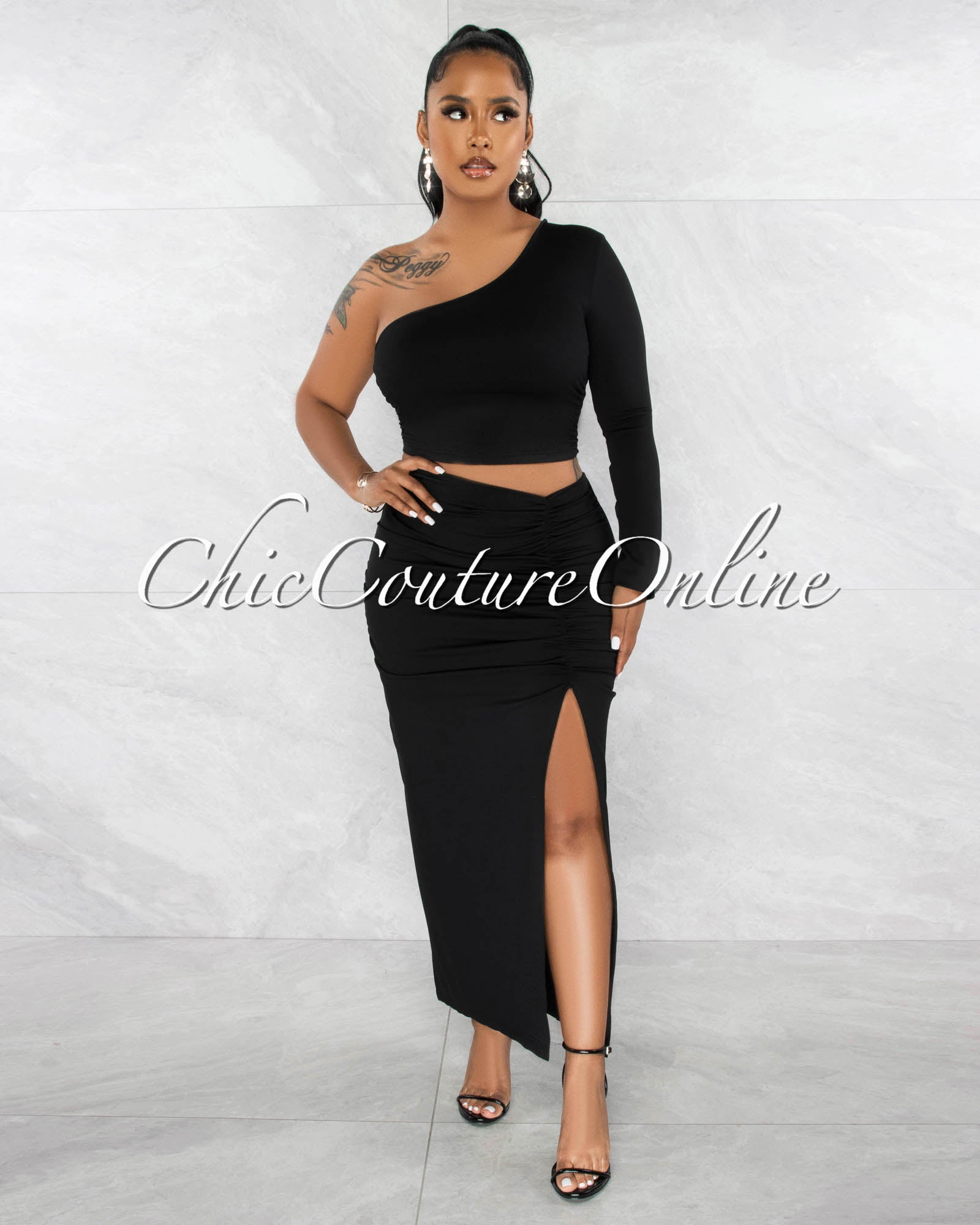 *Kranie Black Single Shoulder Crop Top & Ruched Maxi Skirt Set