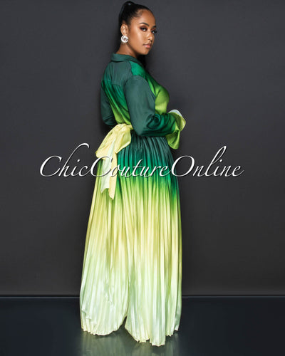 *Ziona Green Ombre Crop Top & Pleated Pants Silky Set