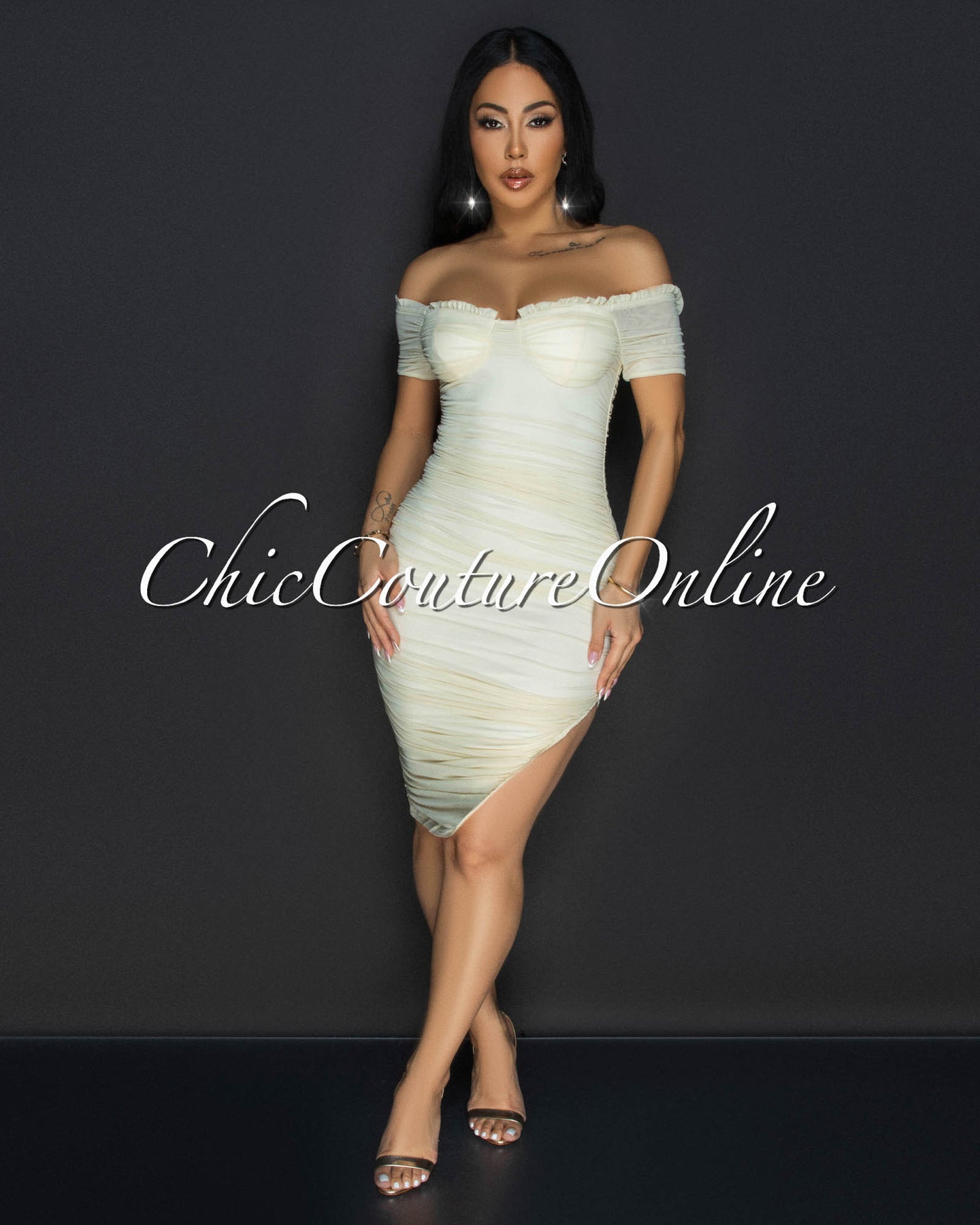*Linna Cream Ruched Off-The Shoulder Dress