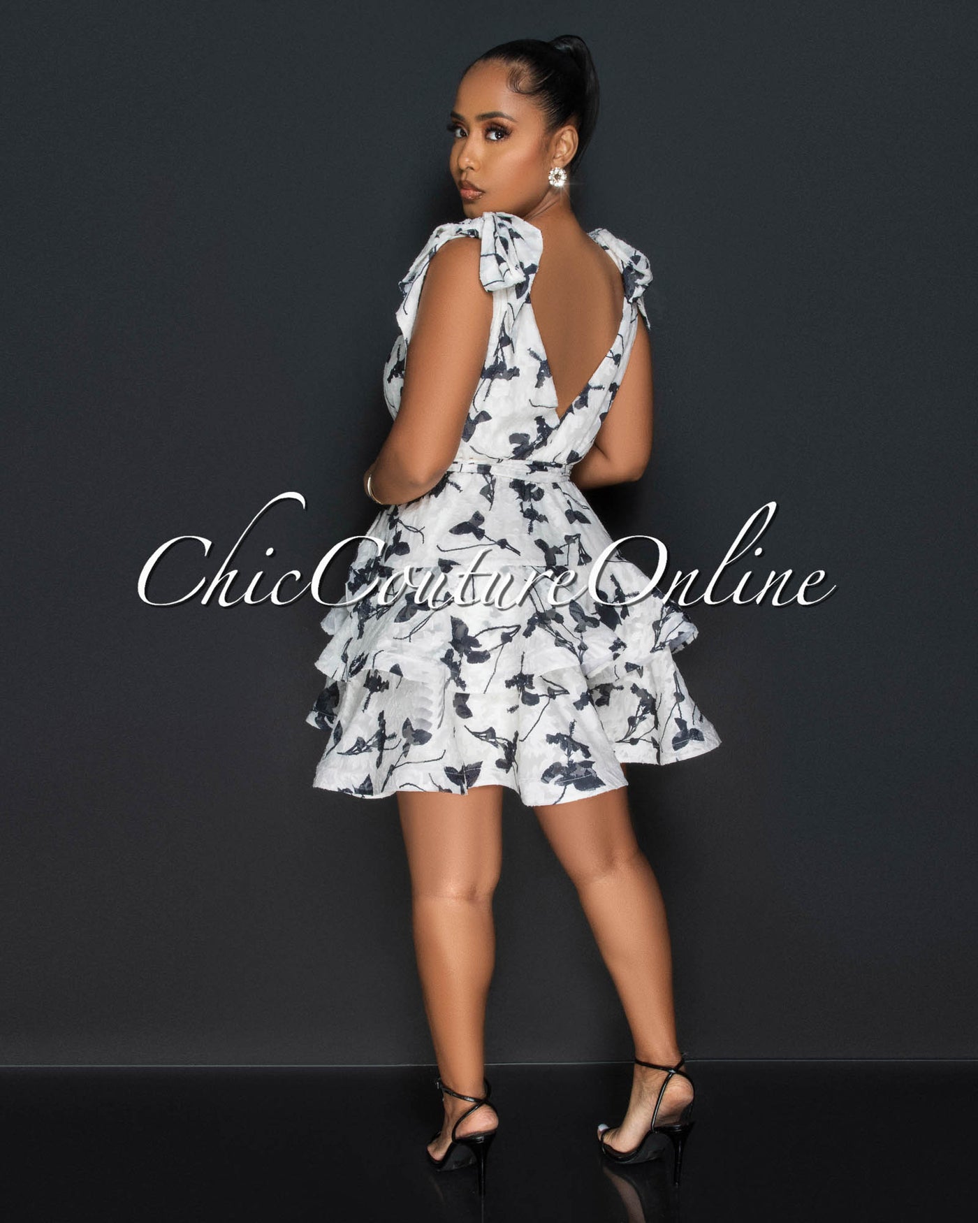 Loleen Ivory Black Cream Print Textured Ruffle Skater Dress