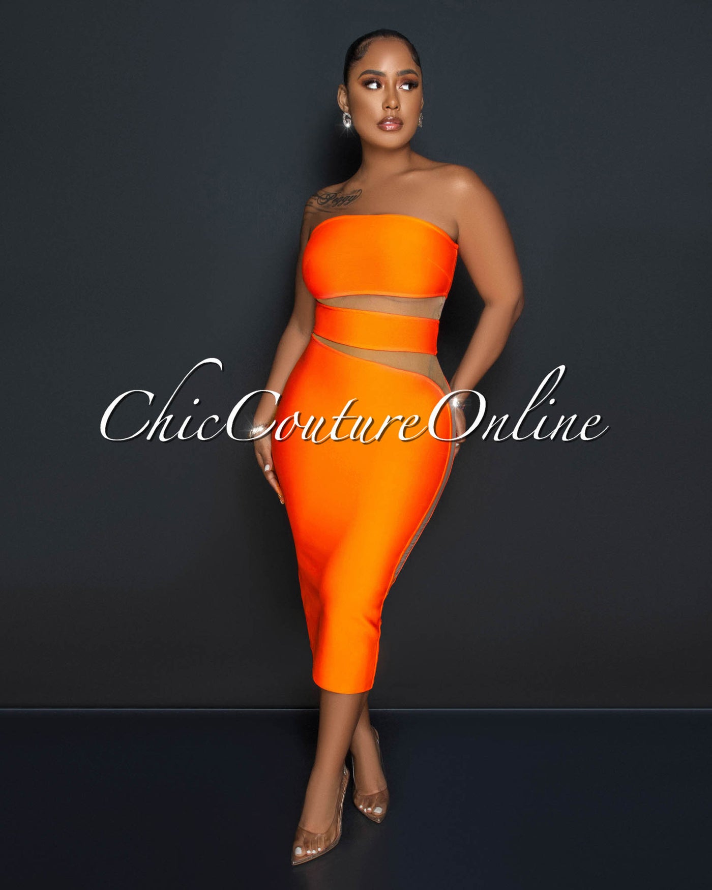 Jetta Orange Nude Mesh Accent Bandage Midi Dress