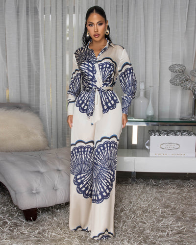 Isis Beige Navy-Blue Print Silky Wide Legs Jumpsuit