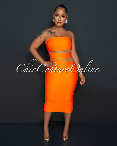 Jetta Orange Nude Mesh Accent Bandage Midi Dress