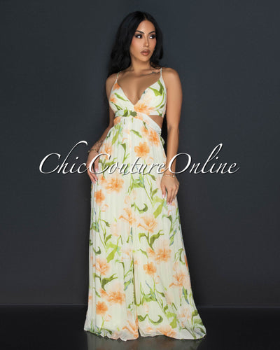 Lanu Green Orange Floral Halter Pleated Widelegs Jumpsuit