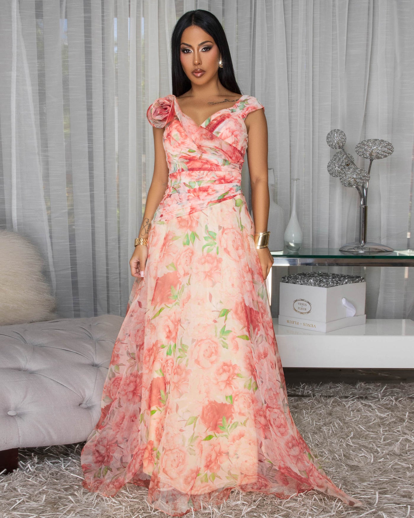 Manara Peach Multi-Color Floral Print Maxi Dress