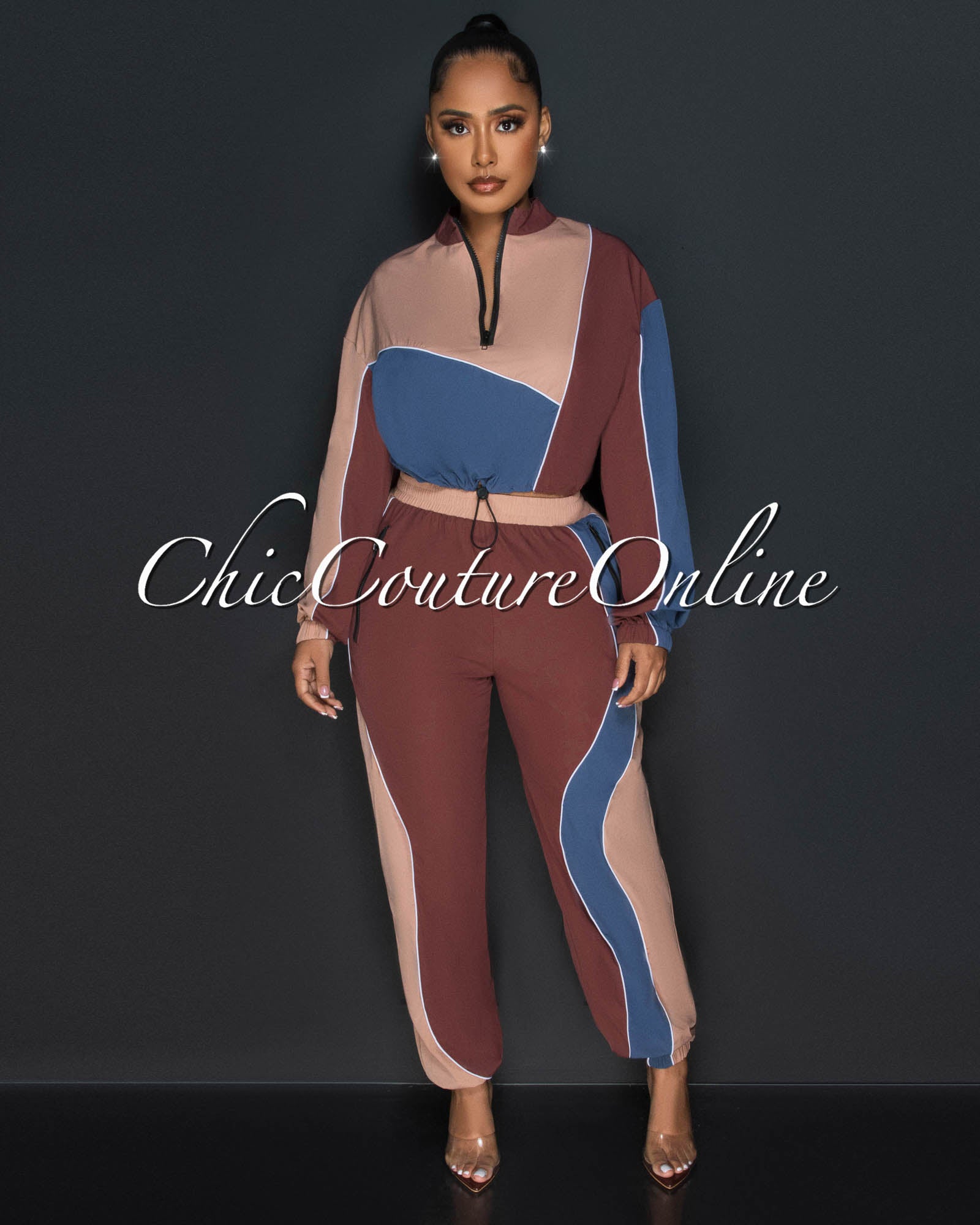 *Faron Brown Blue Front Zipper Sweater & Jogger Set