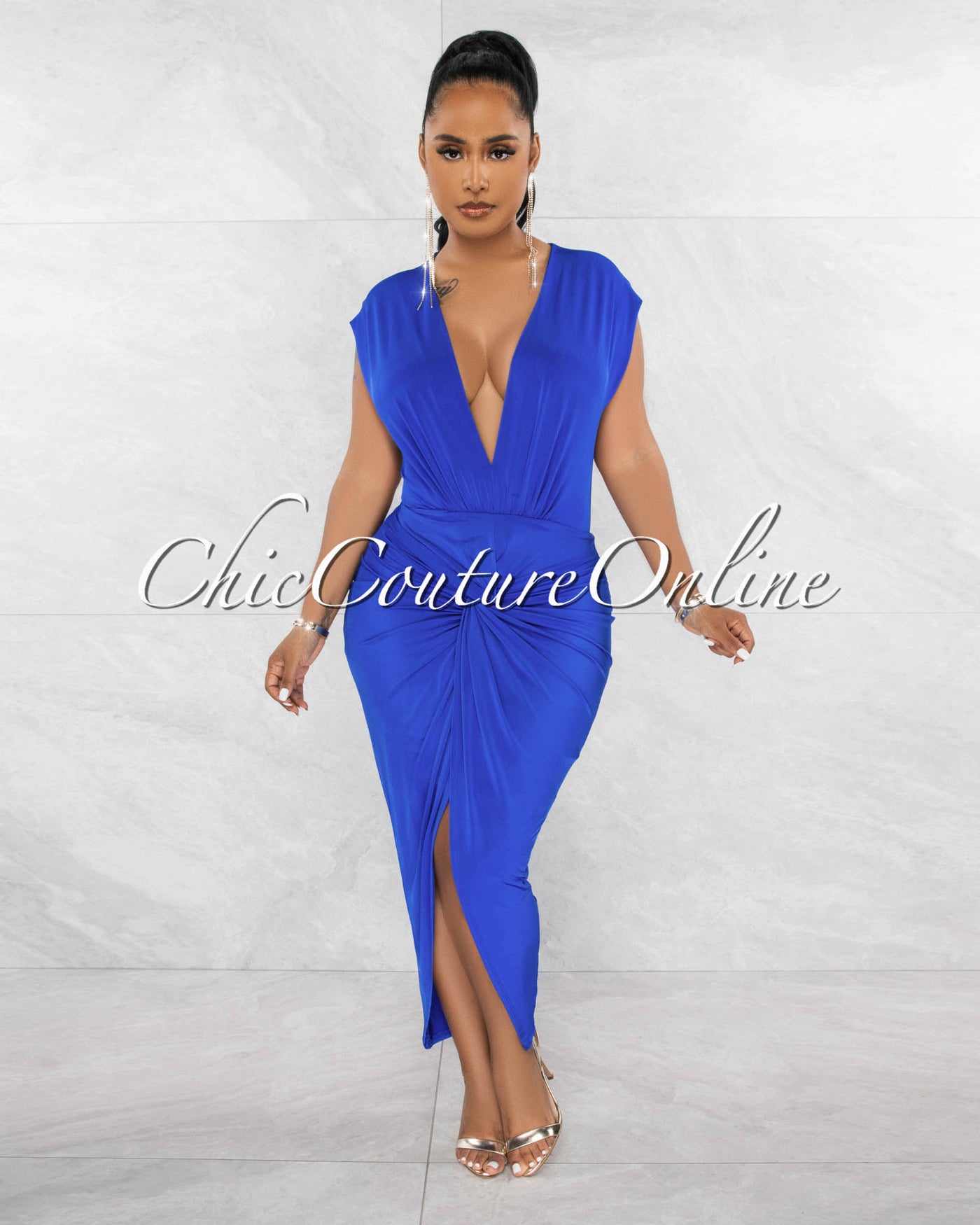 Chantal Royal Blue Deep V-Neck Front Knot Dress