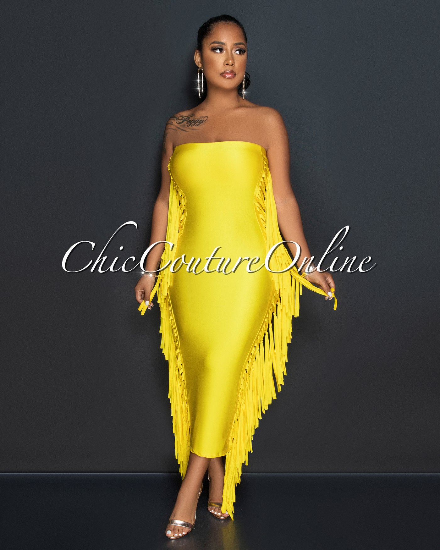 Natisha Yellow Tassels Sided Tube Maxi Dress