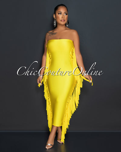 Natisha Yellow Tassels Sided Tube Maxi Dress