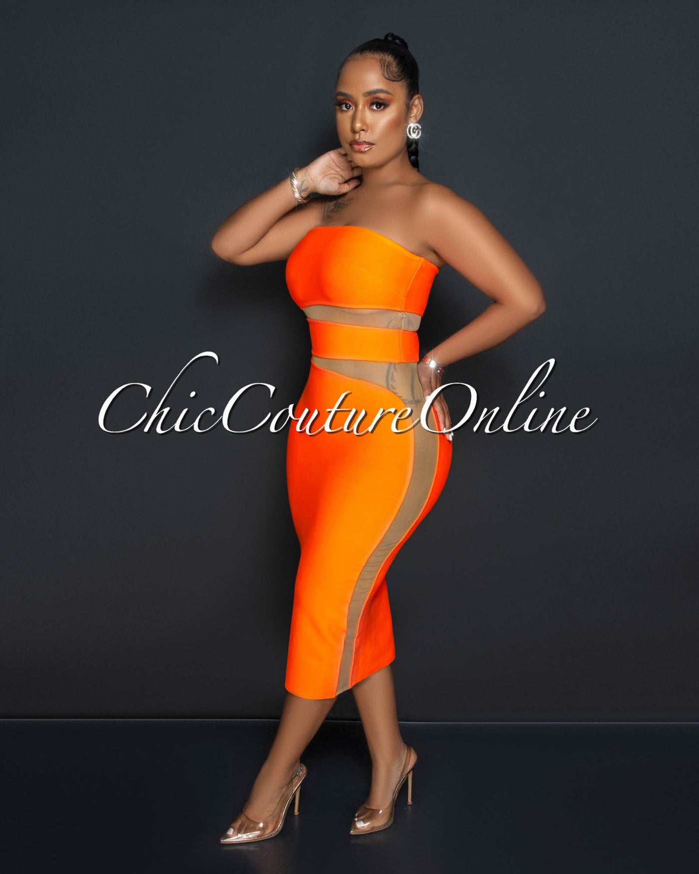 Jetta Orange Nude Mesh Accent Bandage Midi Dress