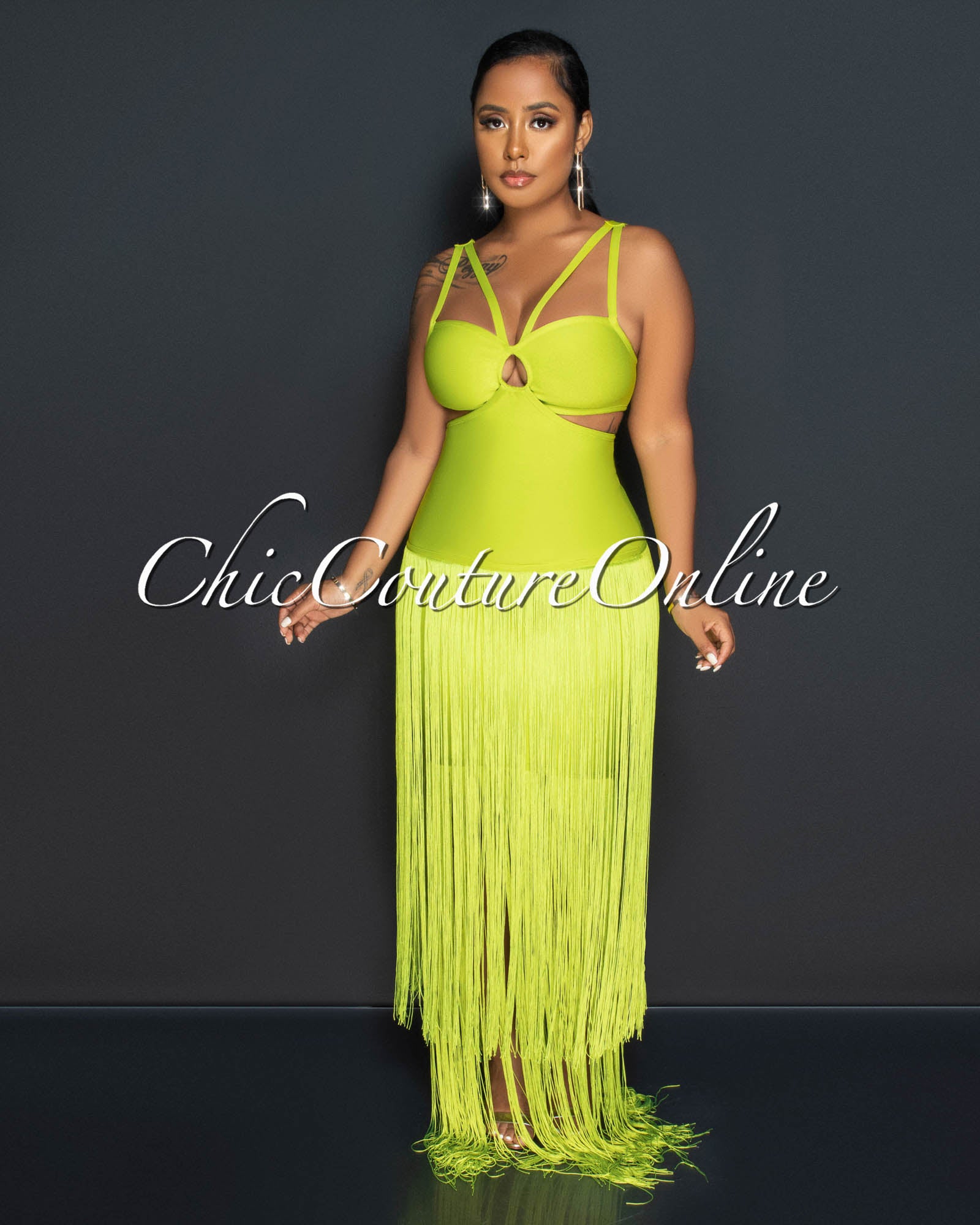 *Evelyn Lime Cut-Out Fringe Hem Bandage Dress