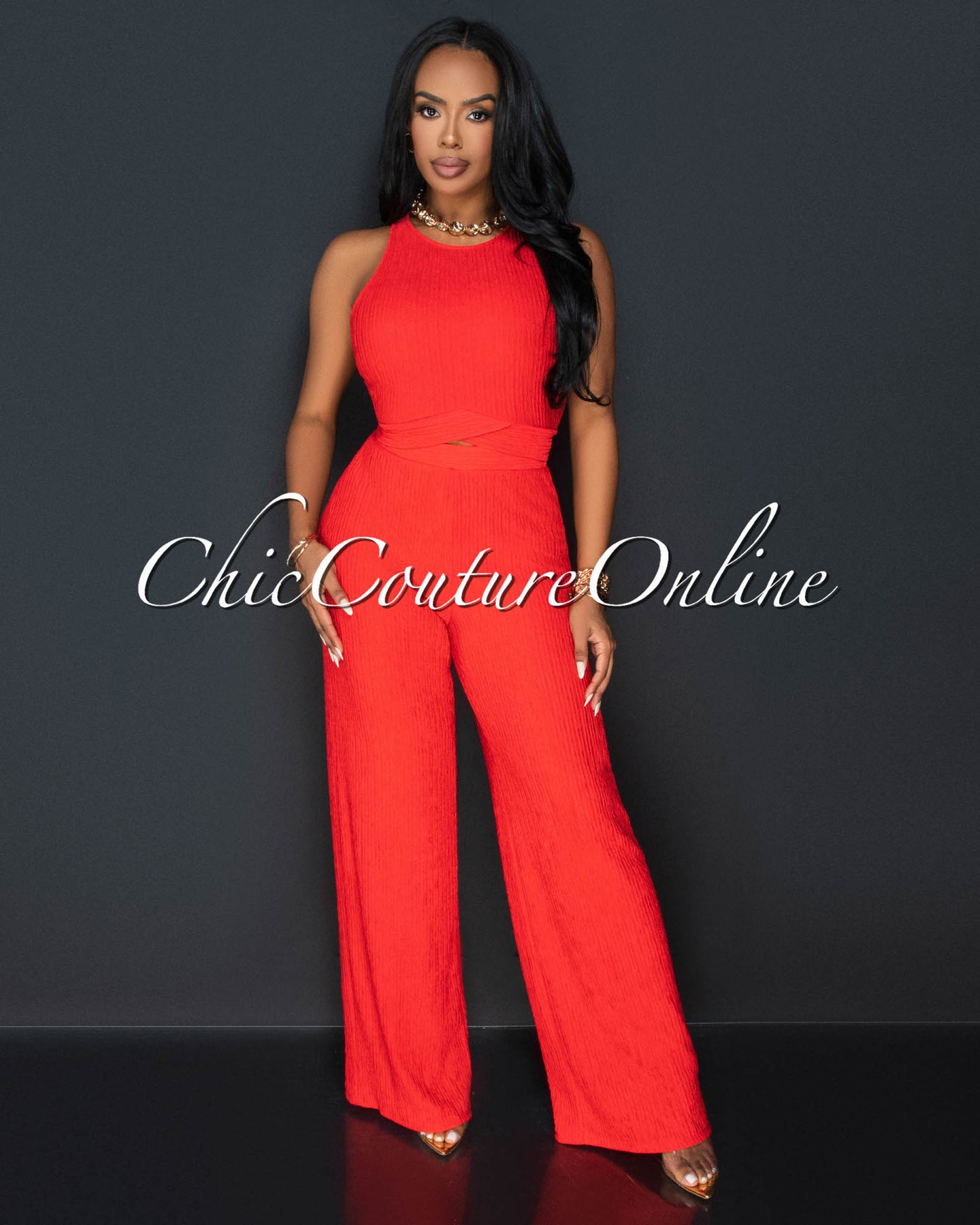 Rohana Orange Crop Top & Wide Pants Textured Set