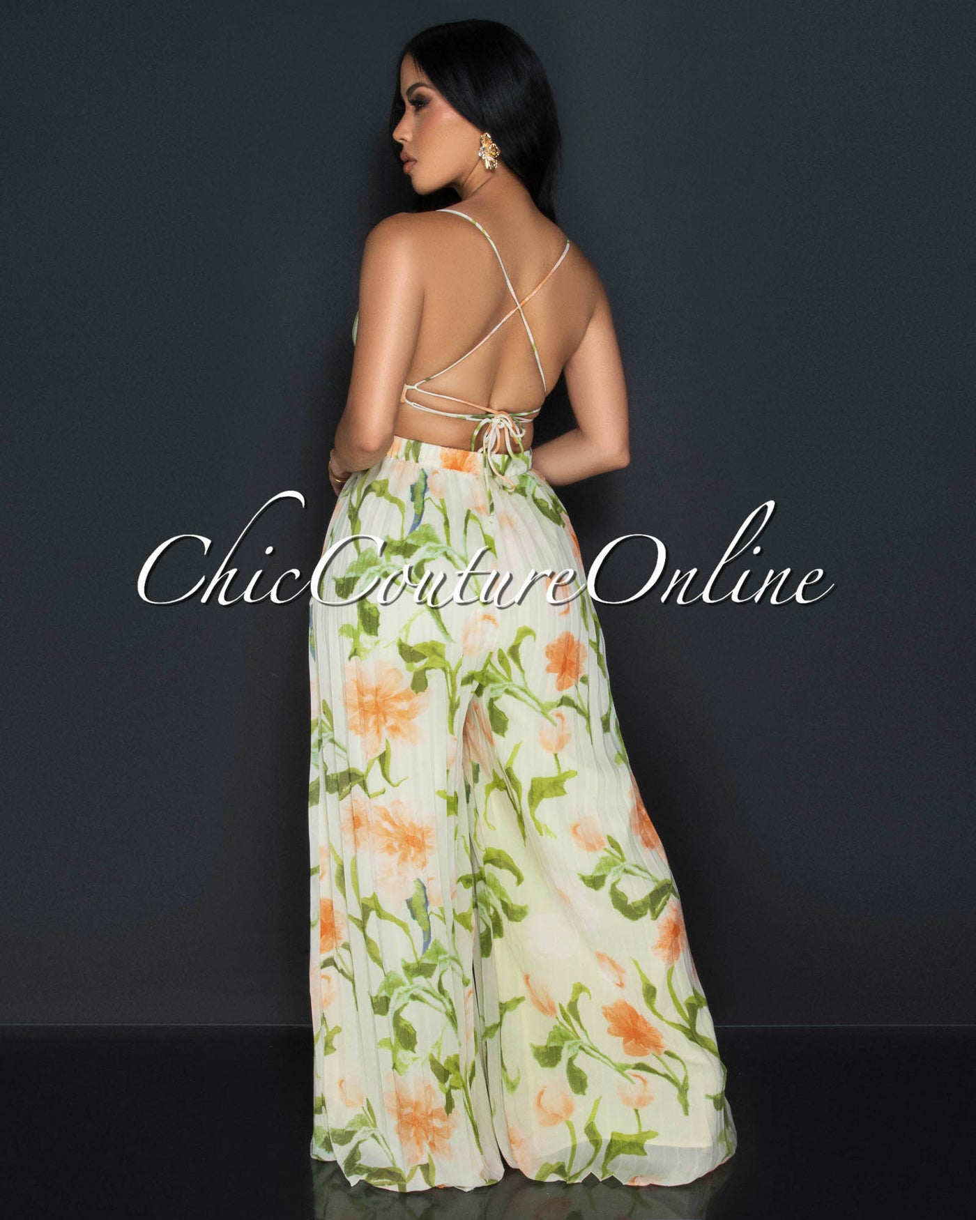 Lanu Green Orange Floral Halter Pleated Widelegs Jumpsuit