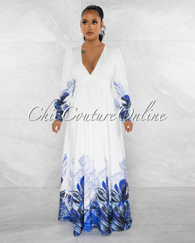 *Mireya White Blue Leaf Print Pleated Maxi Dress